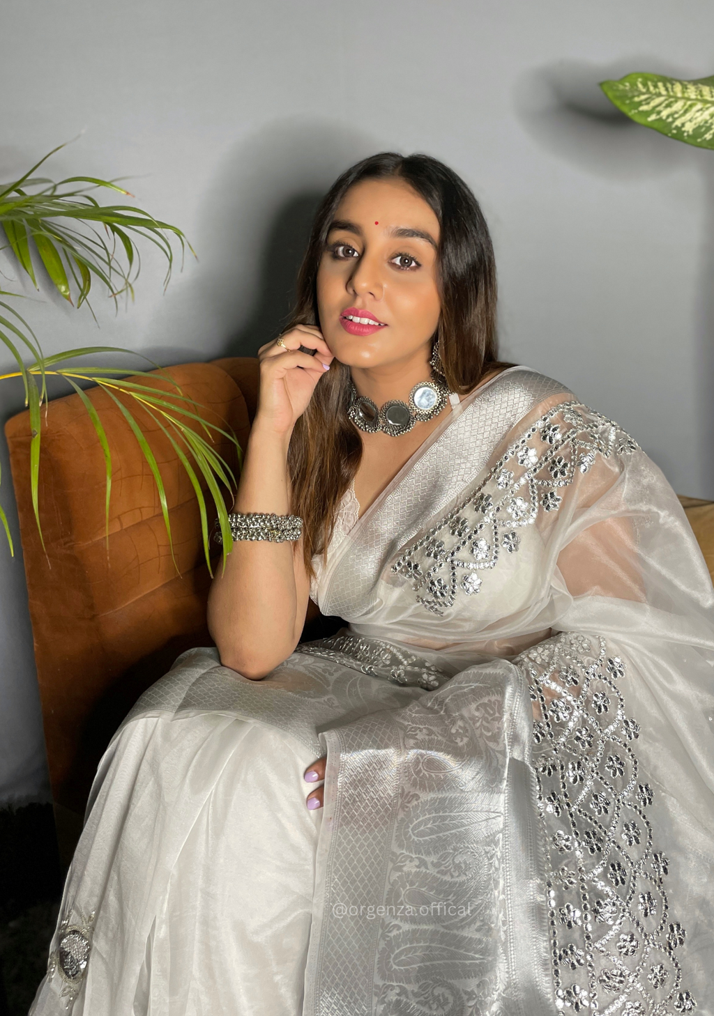 White Organza Saree With Gotta Patti Work
