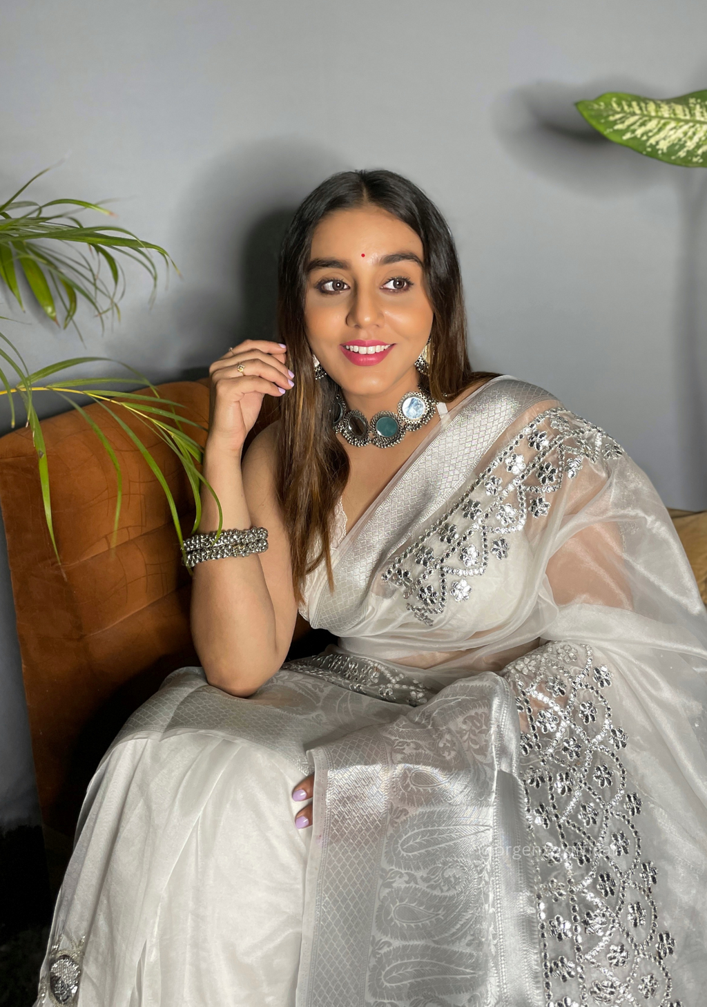 White Organza Saree With Gotta Patti Work