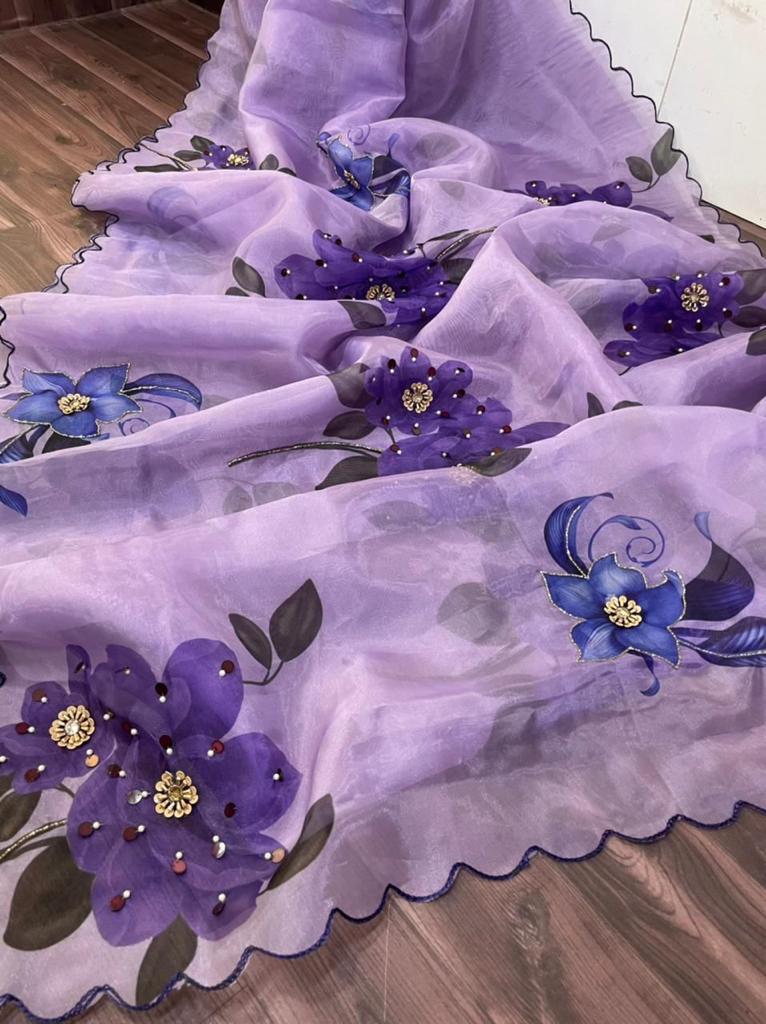 Orgenza Sky Purple Color Pure Organza Silk And Stone Work And Printed Flower Saree With Contrast Blouse