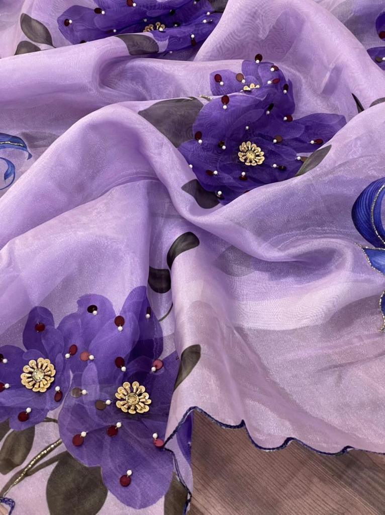 Orgenza Sky Purple Color Pure Organza Silk And Stone Work And Printed Flower Saree With Contrast Blouse