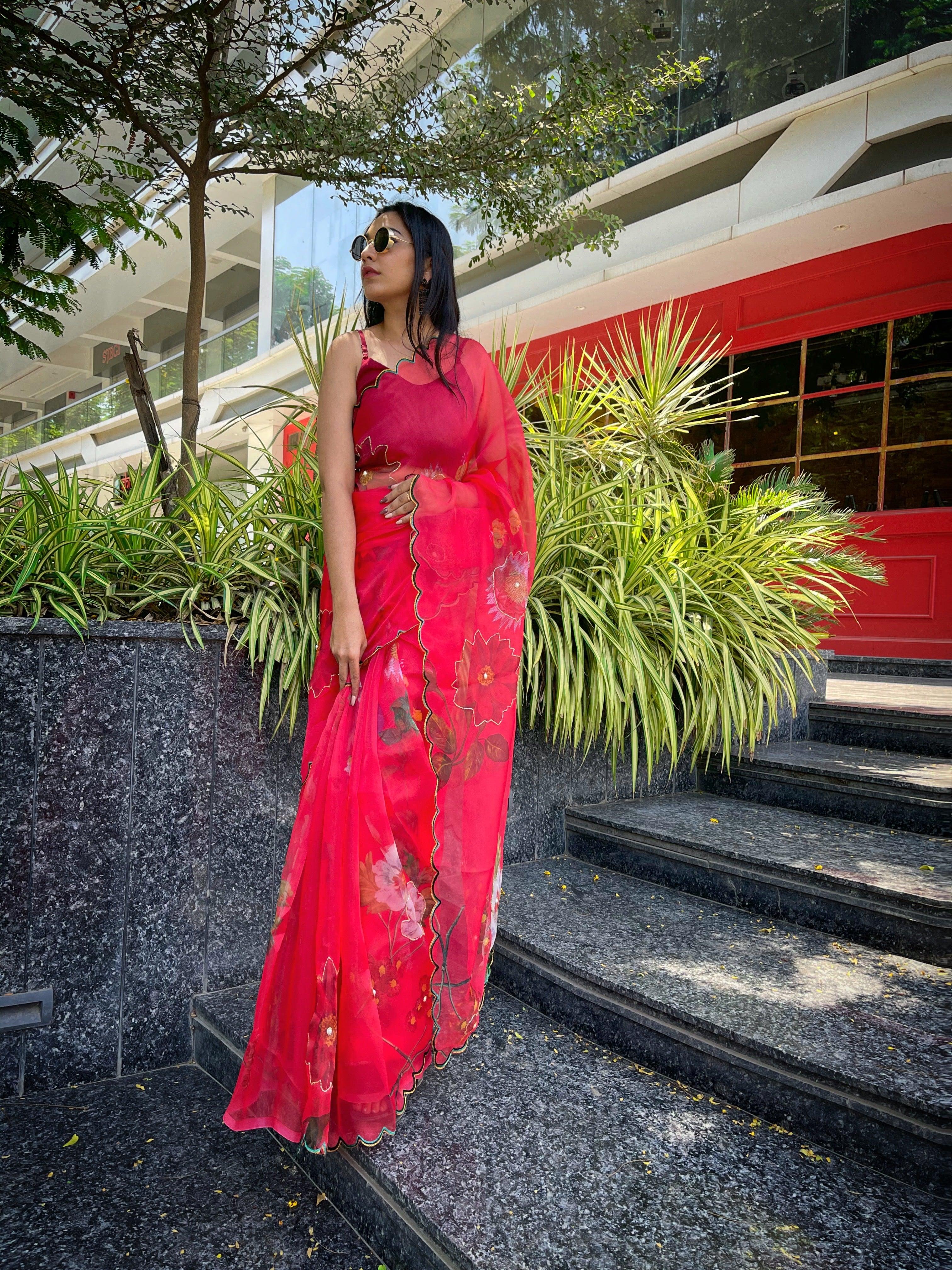 Orgenza  Red Color Festival Heavy Organza Silk Saree With Handwork and Printed Saree