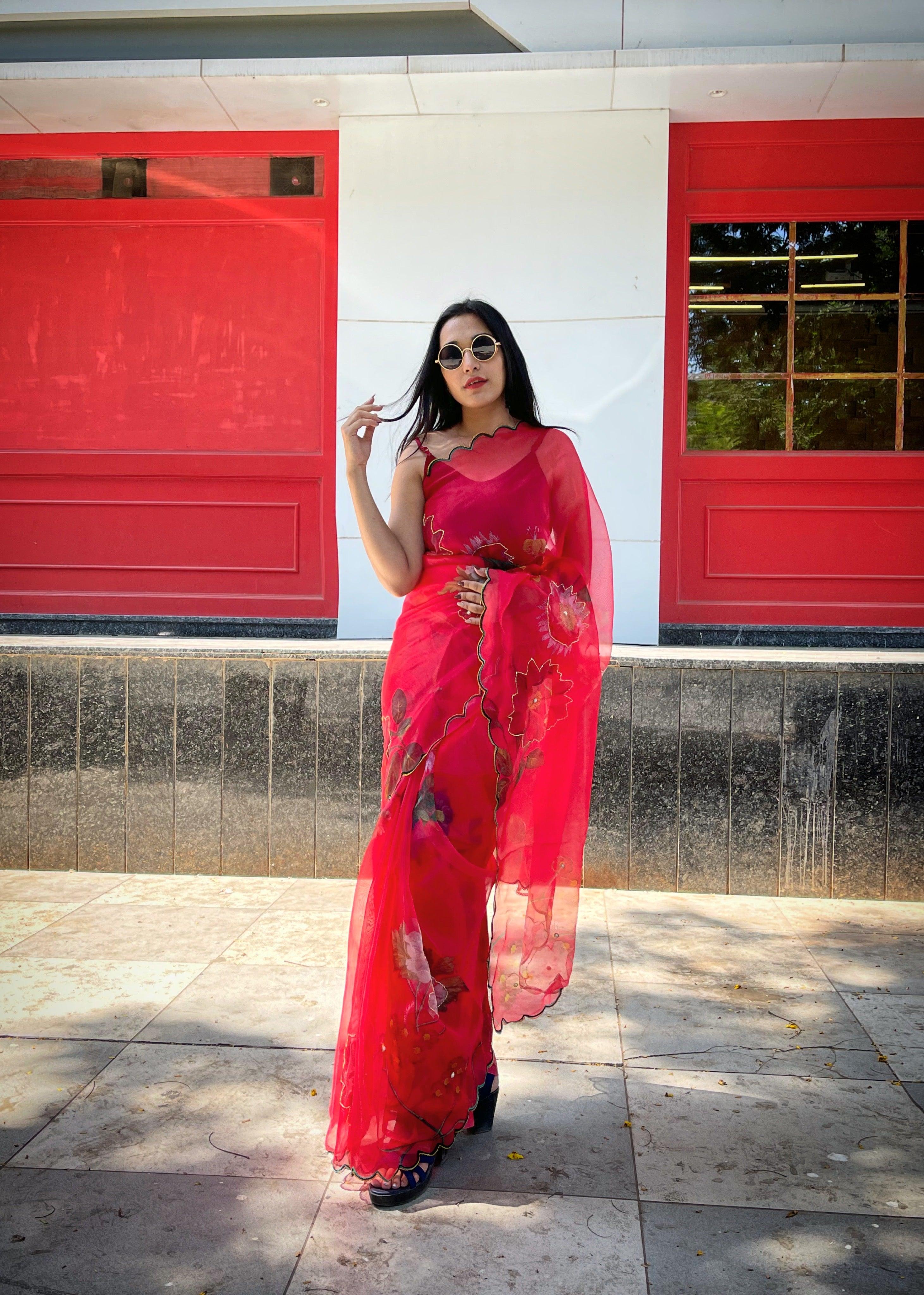 Orgenza  Red Color Festival Heavy Organza Silk Saree With Handwork and Printed Saree