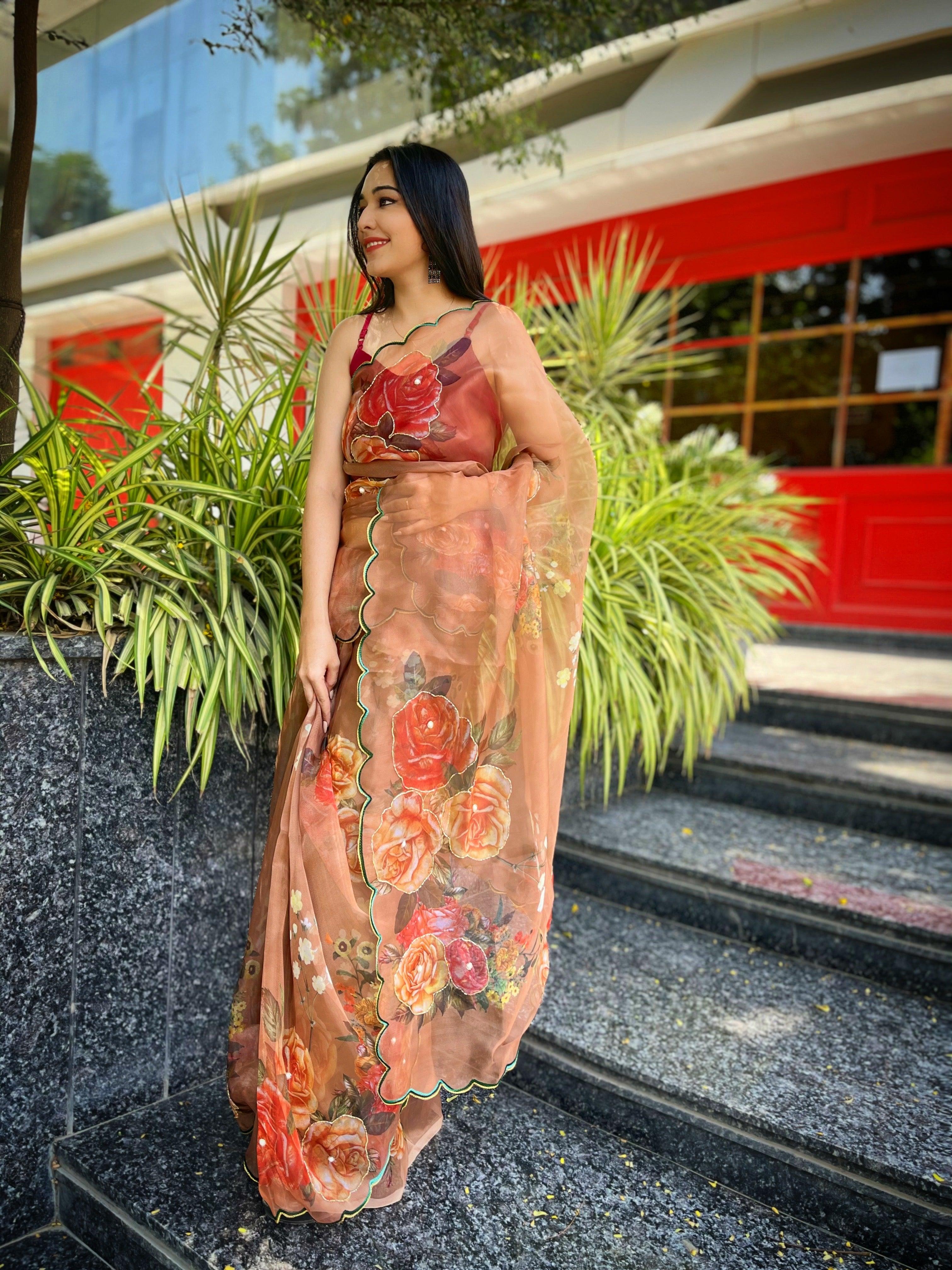 Orgenza Light Peach Multi Color Festival Heavy Organza Silk Saree With Handwork and Printed Saree