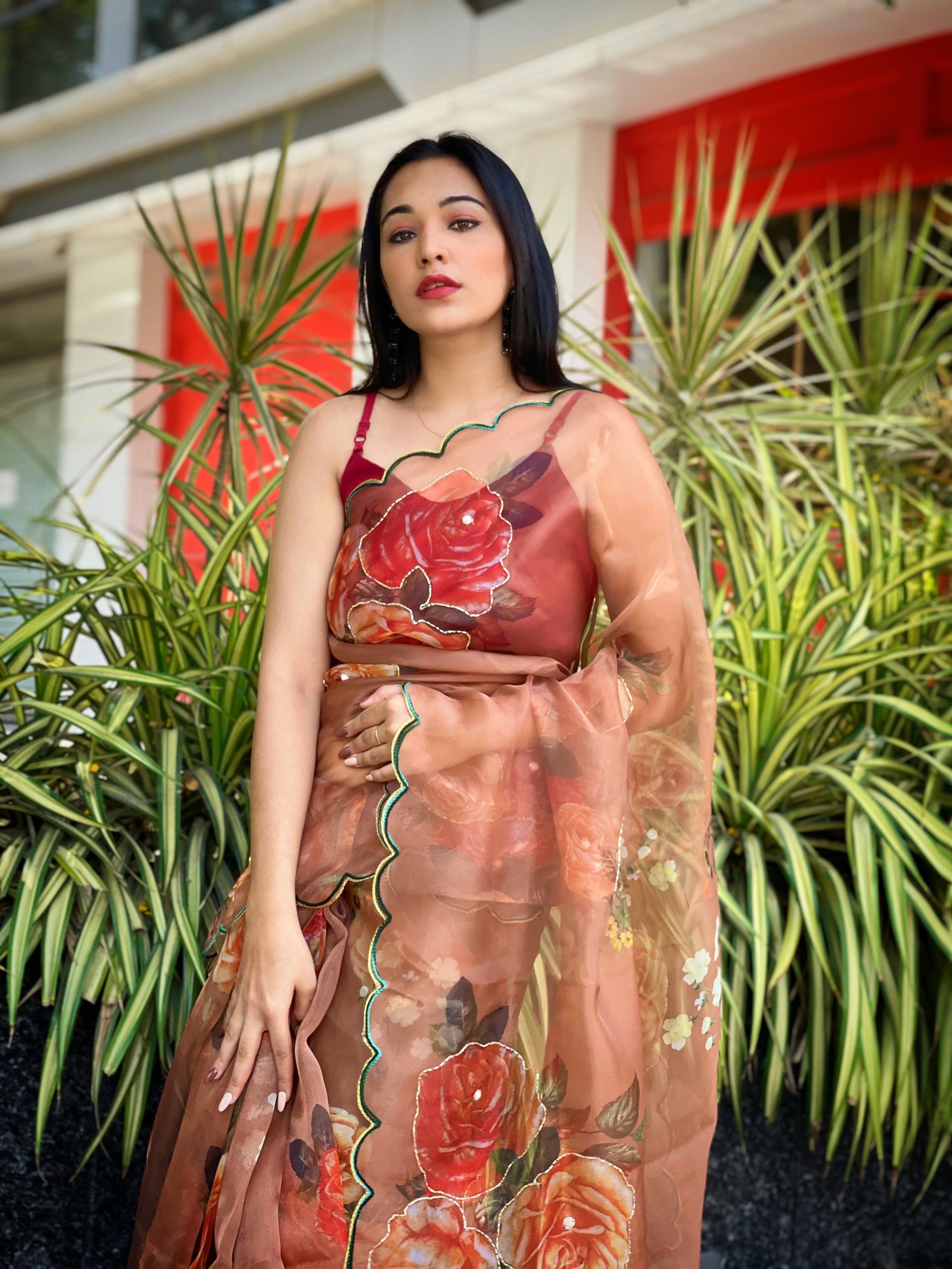 Orgenza Light Peach Multi Color Festival Heavy Organza Silk Saree With Handwork and Printed Saree