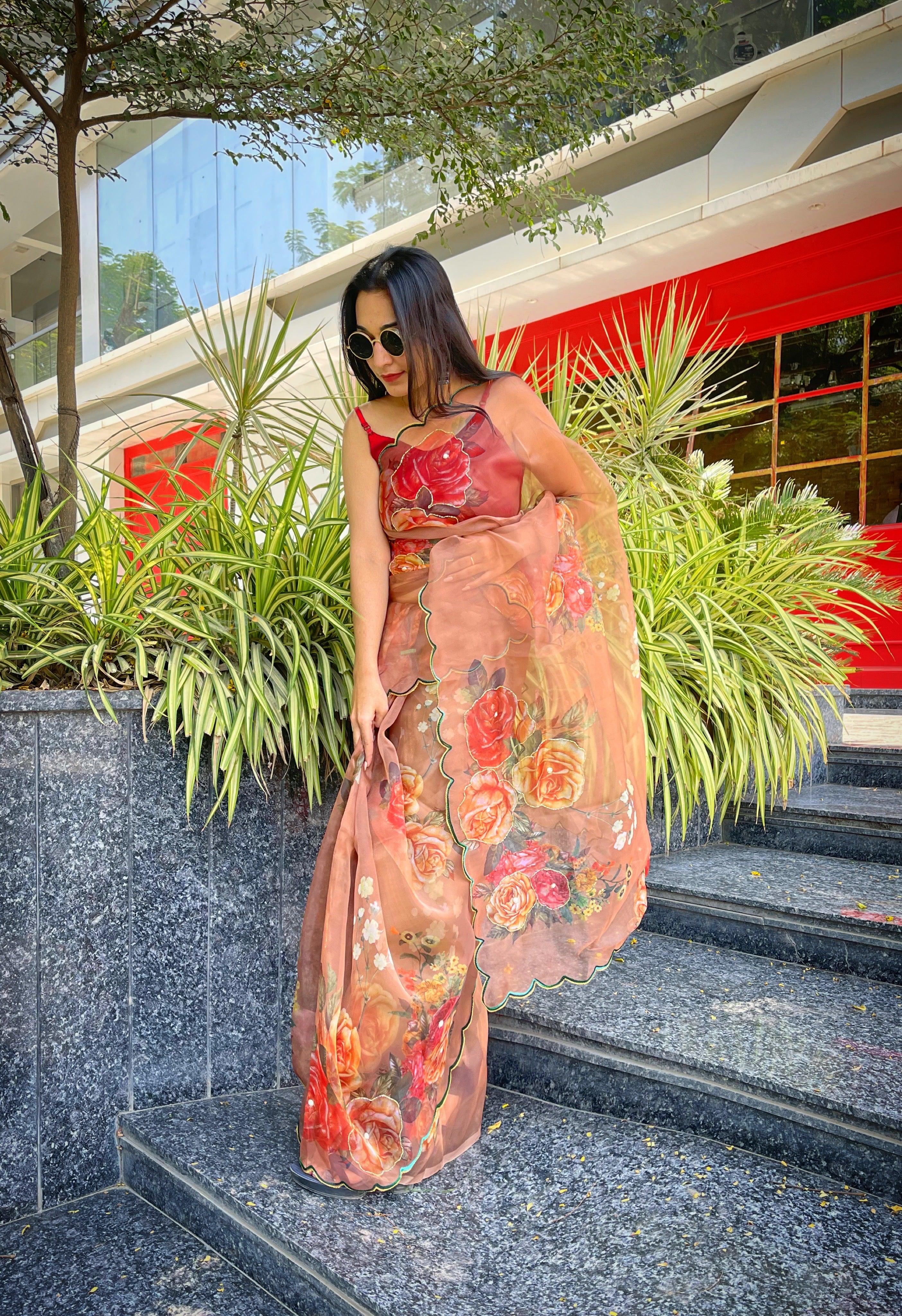 Orgenza Light Peach Multi Color Festival Heavy Organza Silk Saree With Handwork and Printed Saree