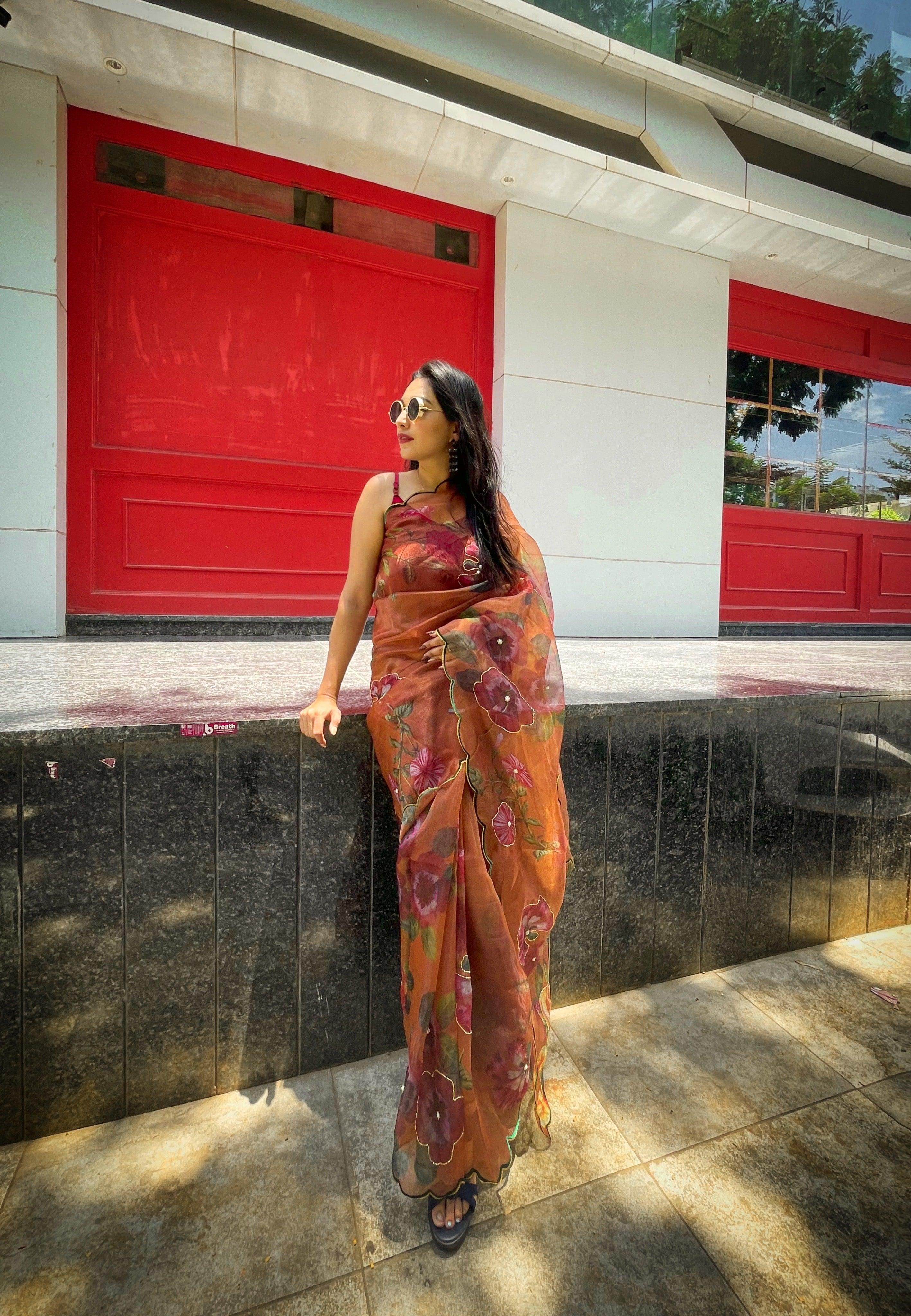 Orgenza  Brown Color Festival Heavy Organza Silk Saree With Handwork and Printed Saree