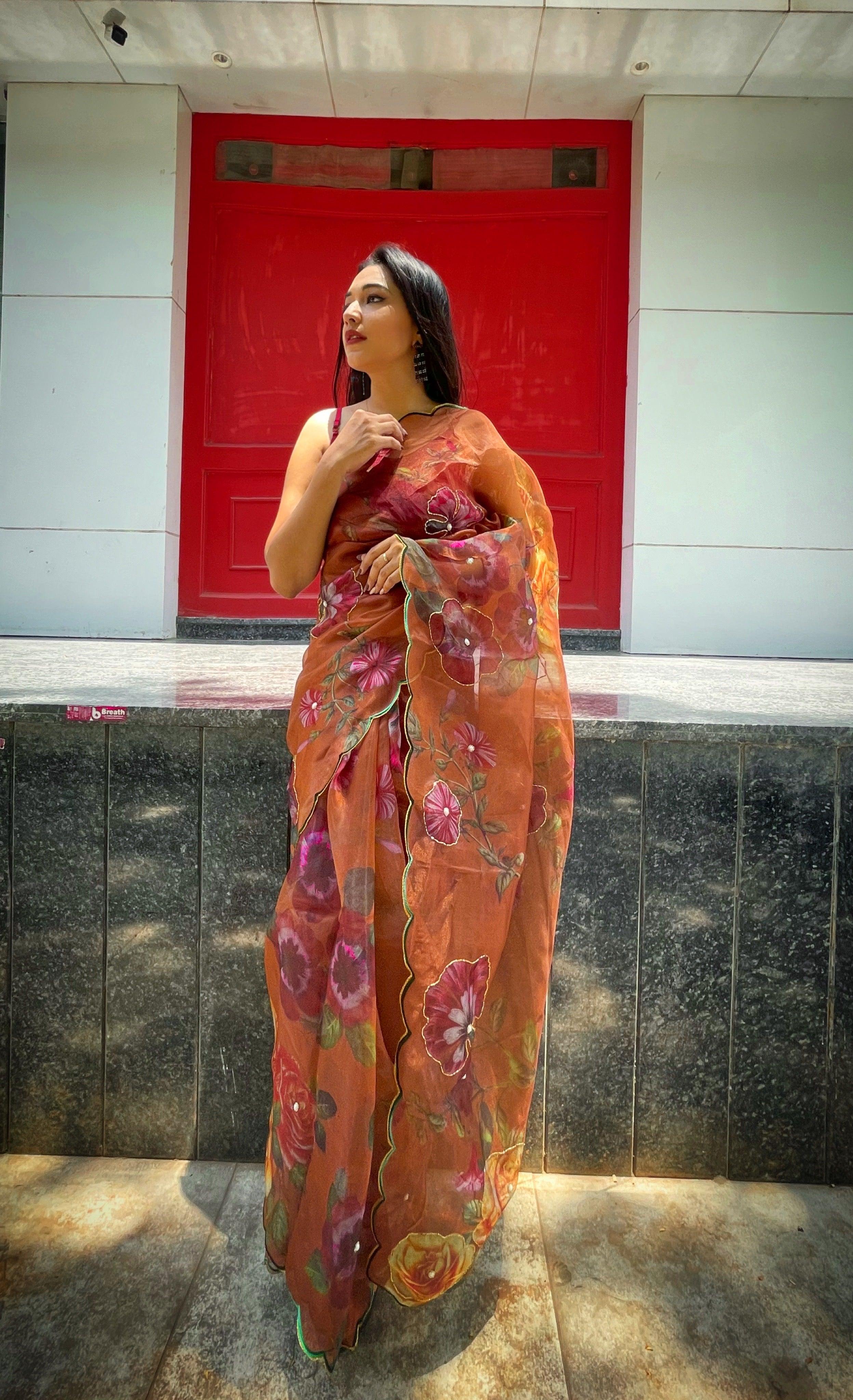 Orgenza  Brown Color Festival Heavy Organza Silk Saree With Handwork and Printed Saree