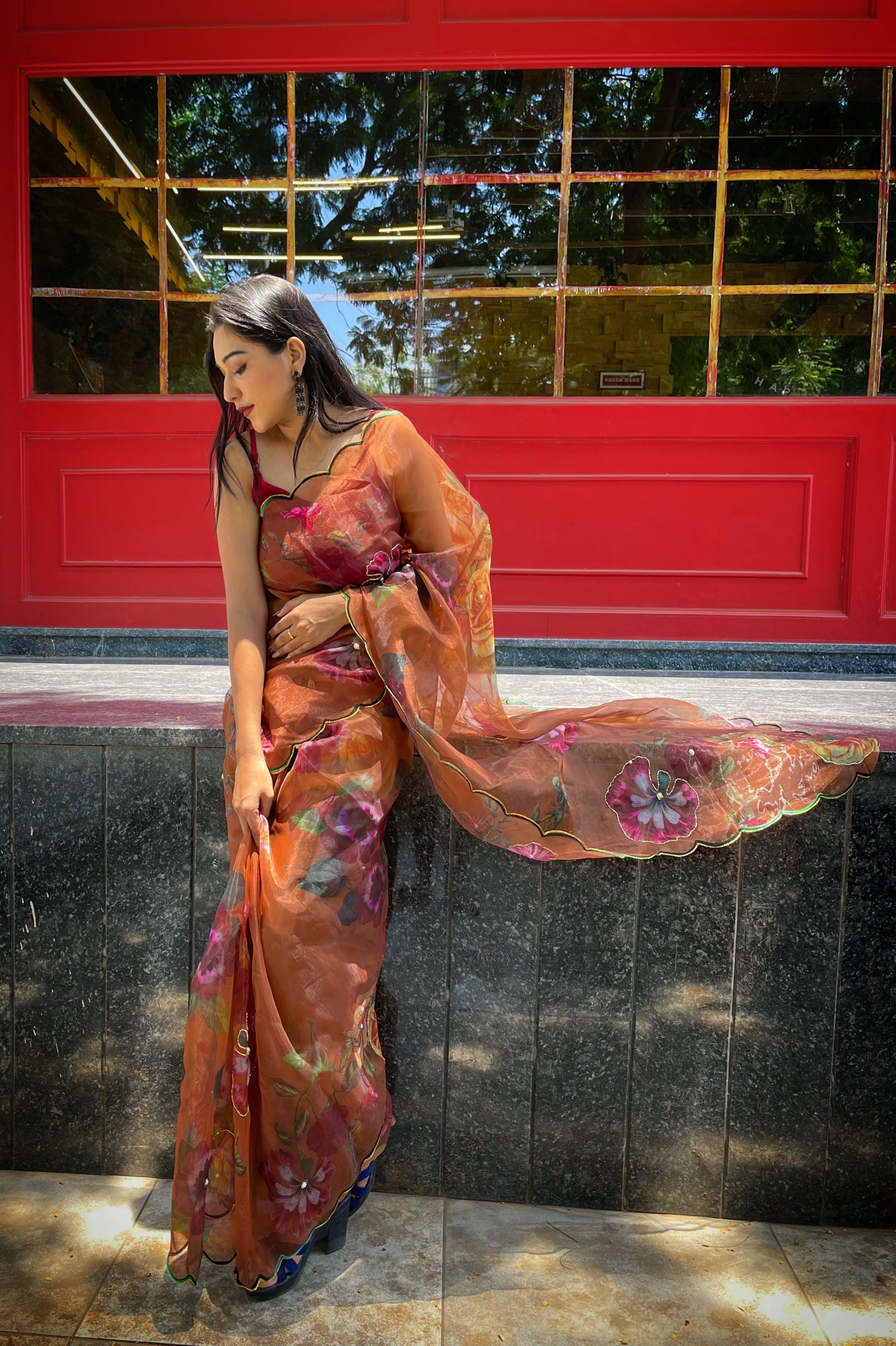 Orgenza  Brown Color Festival Heavy Organza Silk Saree With Handwork and Printed Saree