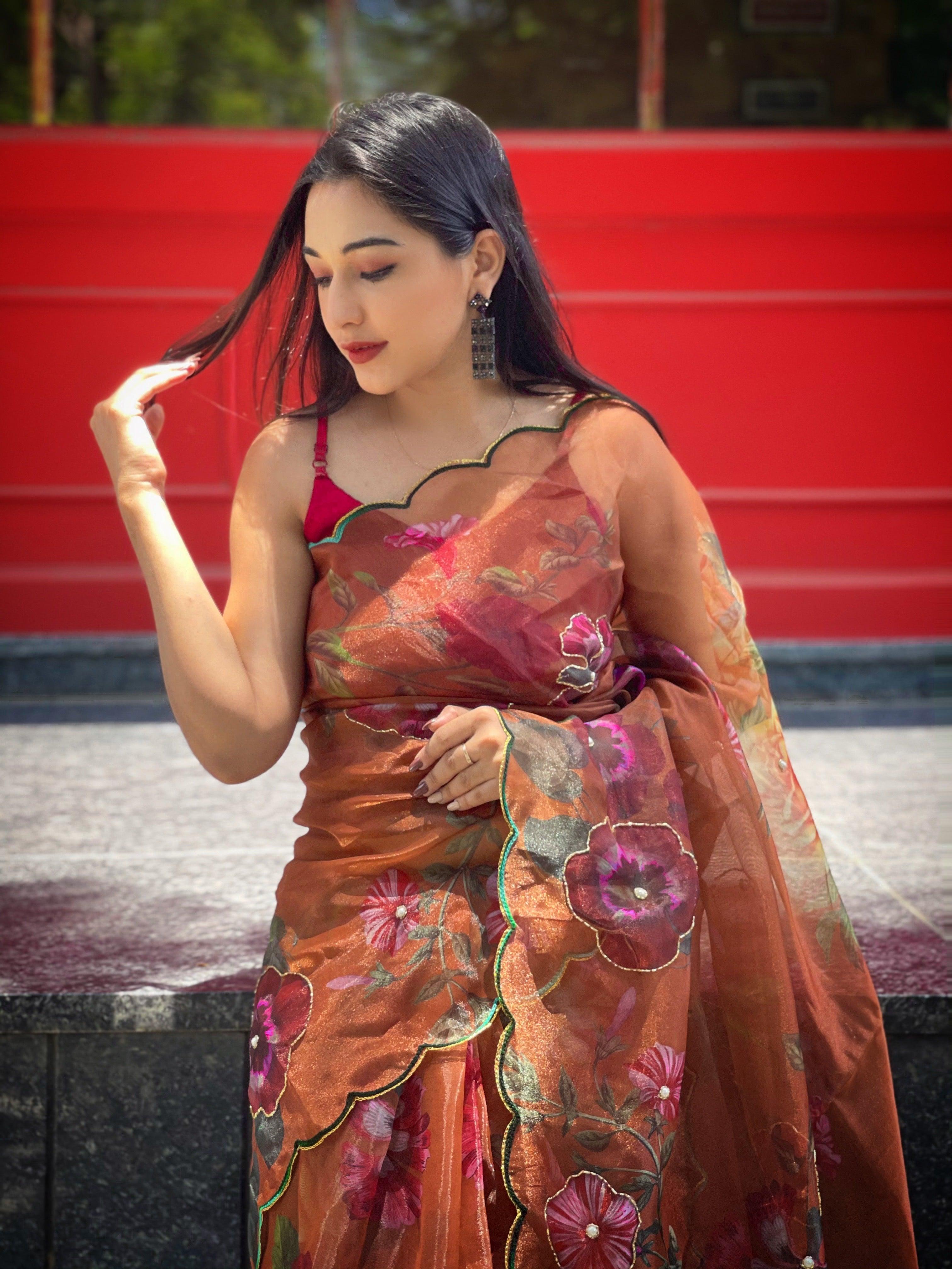 Orgenza  Brown Color Festival Heavy Organza Silk Saree With Handwork and Printed Saree