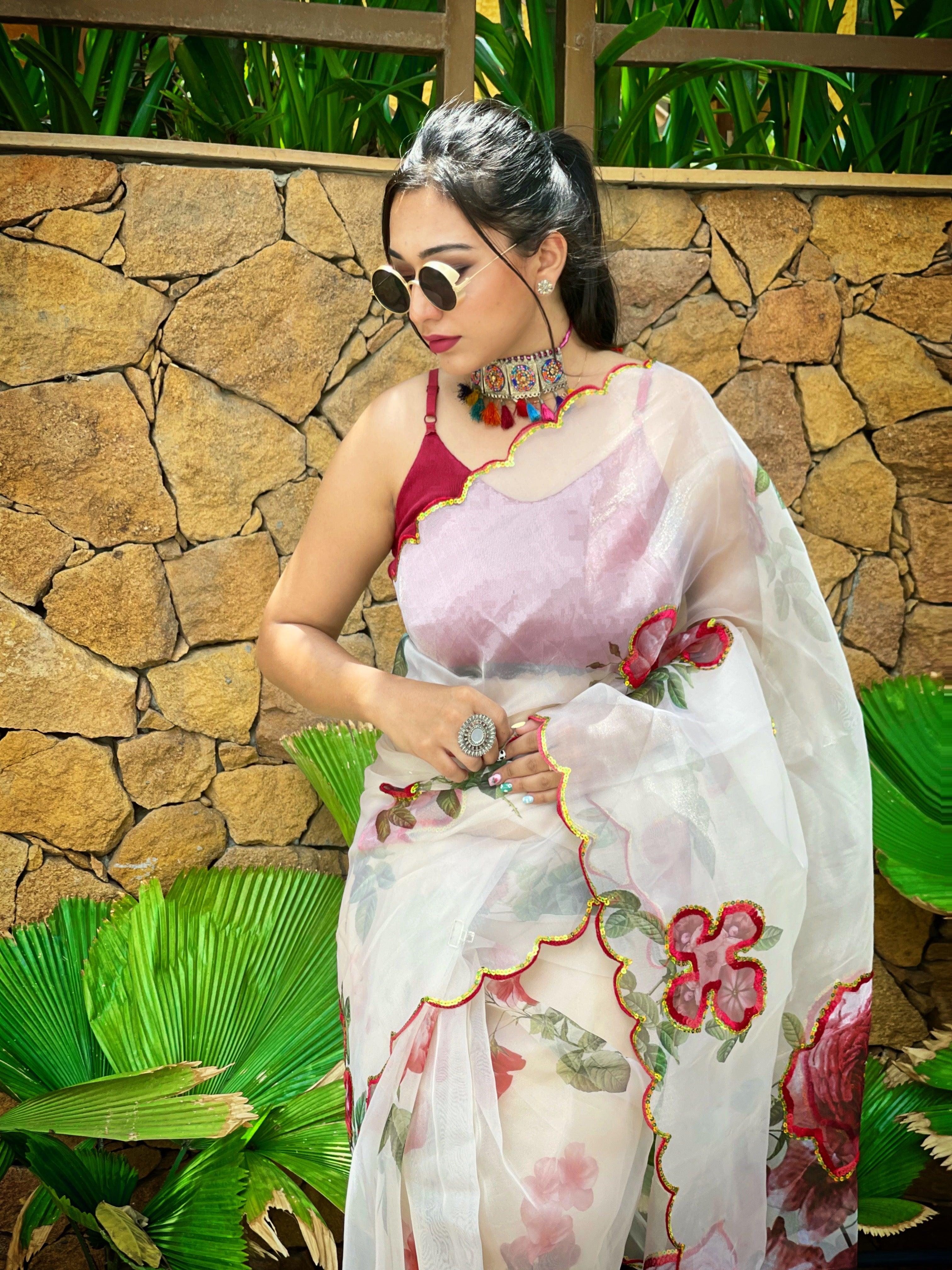 Orgenza Off White Color Heavy Organza Silk Saree With Sequence Work And Printed Flower
