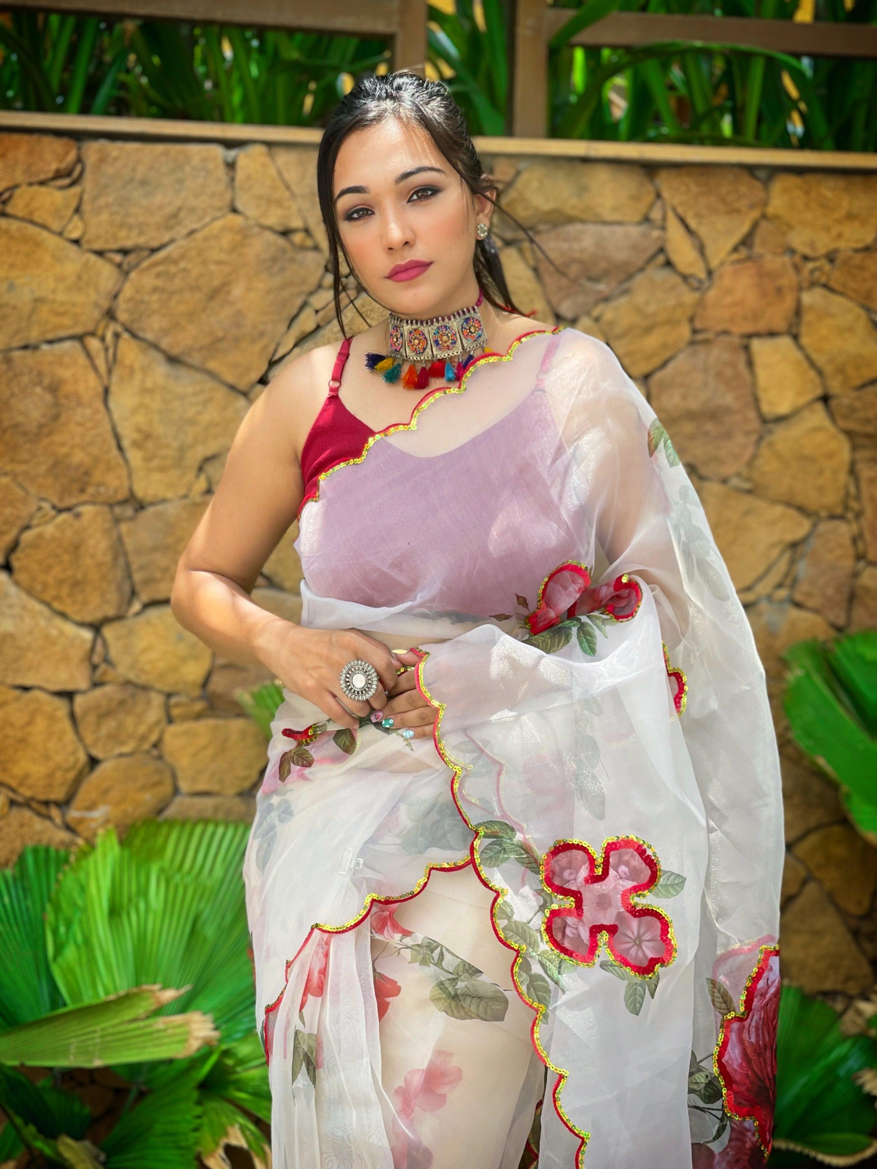 Orgenza Off White Color Heavy Organza Silk Saree With Sequence Work And Printed Flower