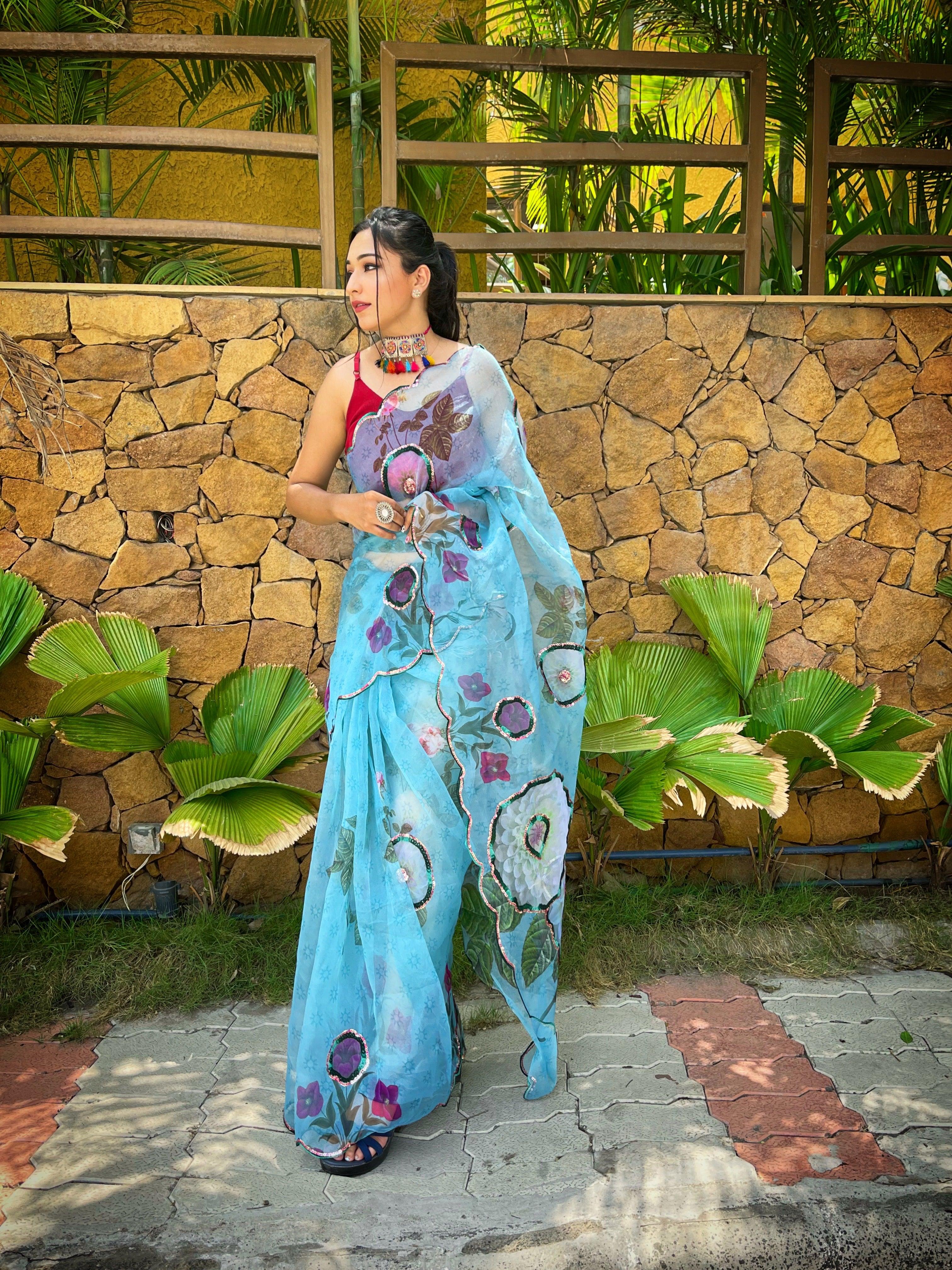 Orgenza  Sky Color Heavy Organza Silk Saree With Sequence Work And Printed Flower