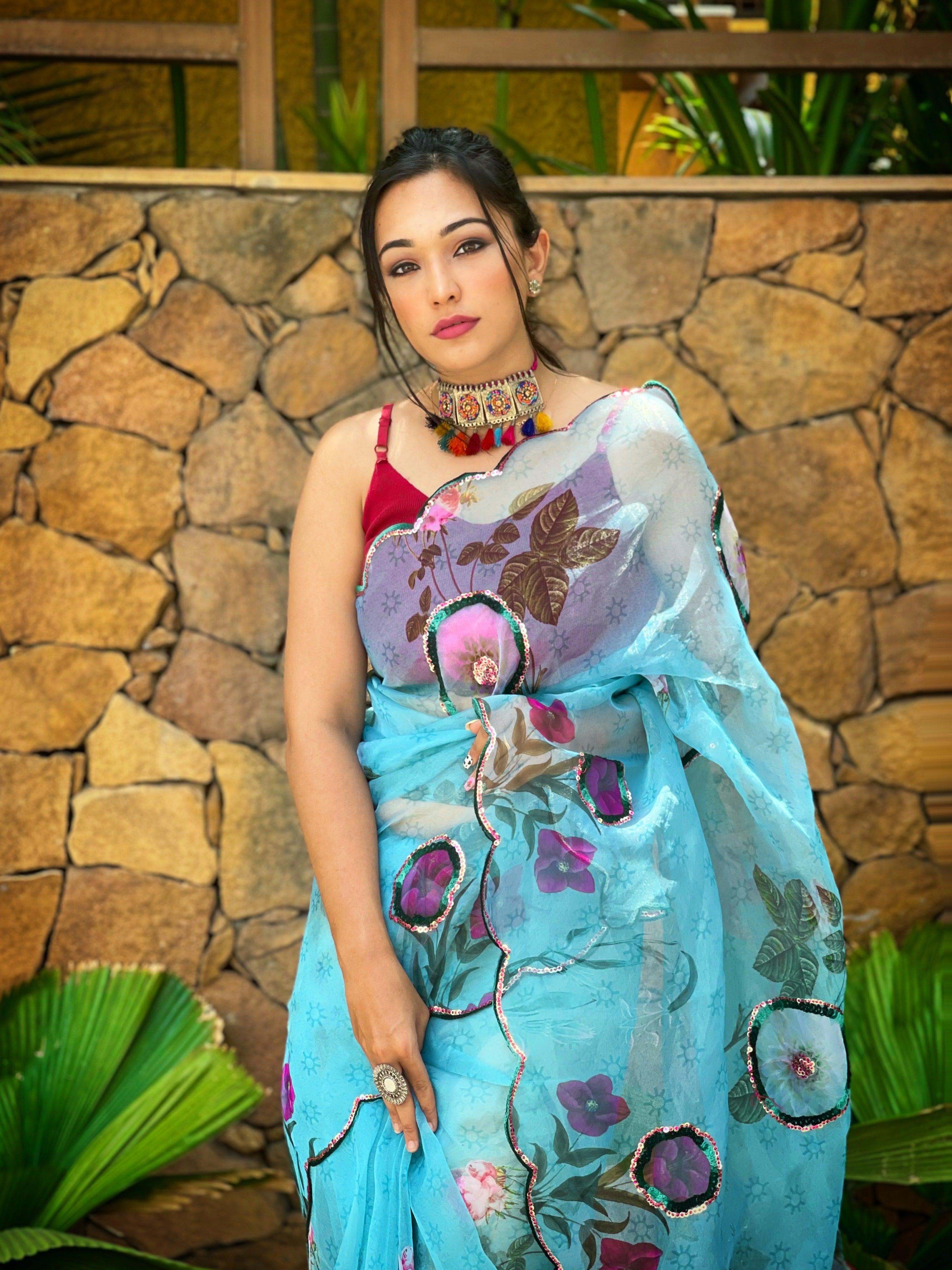 Orgenza  Sky Color Heavy Organza Silk Saree With Sequence Work And Printed Flower