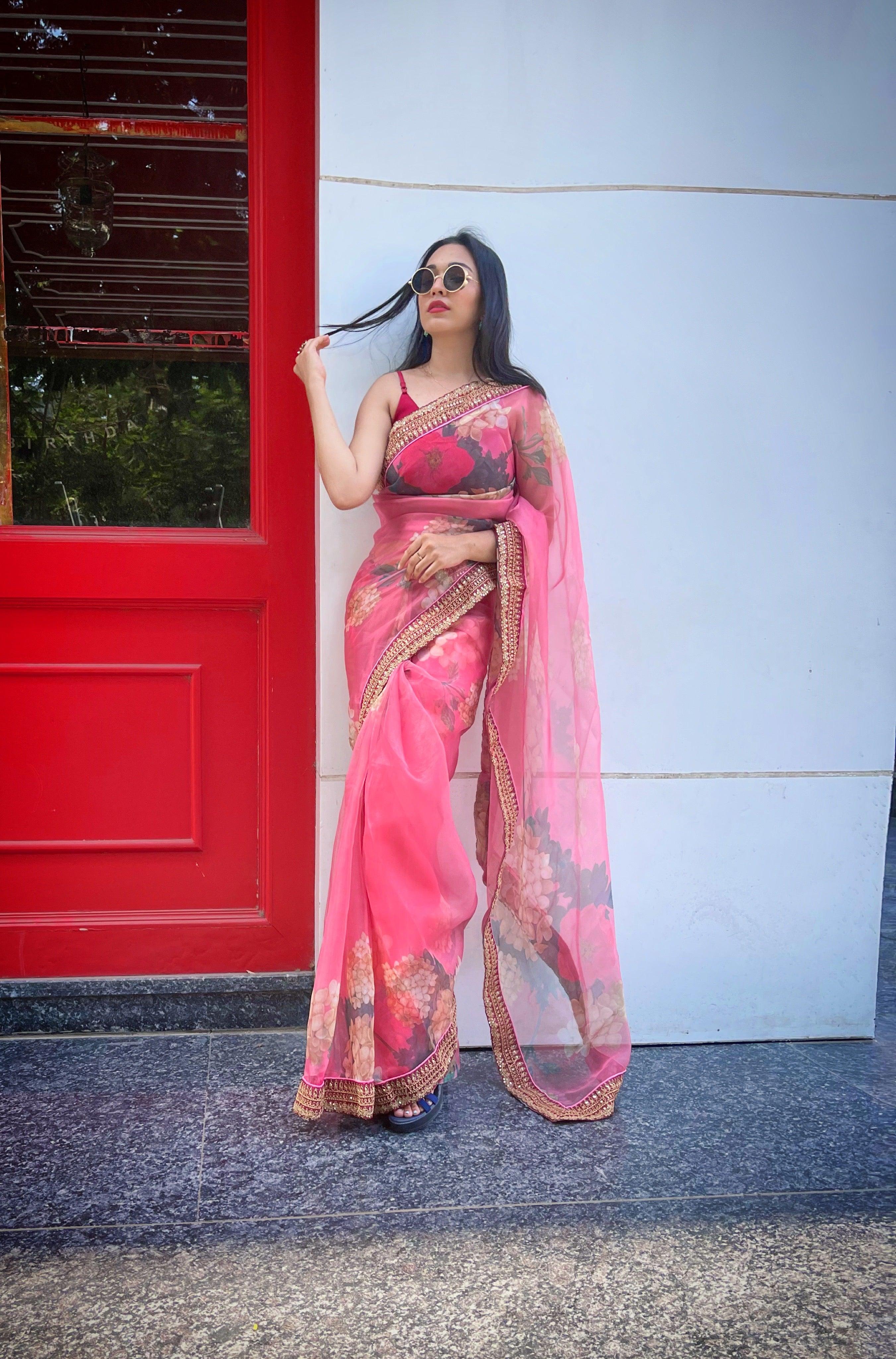Orgenza Pink Color Organza Silk Full Heavy Border And Printed Saree With Contrast Blouse