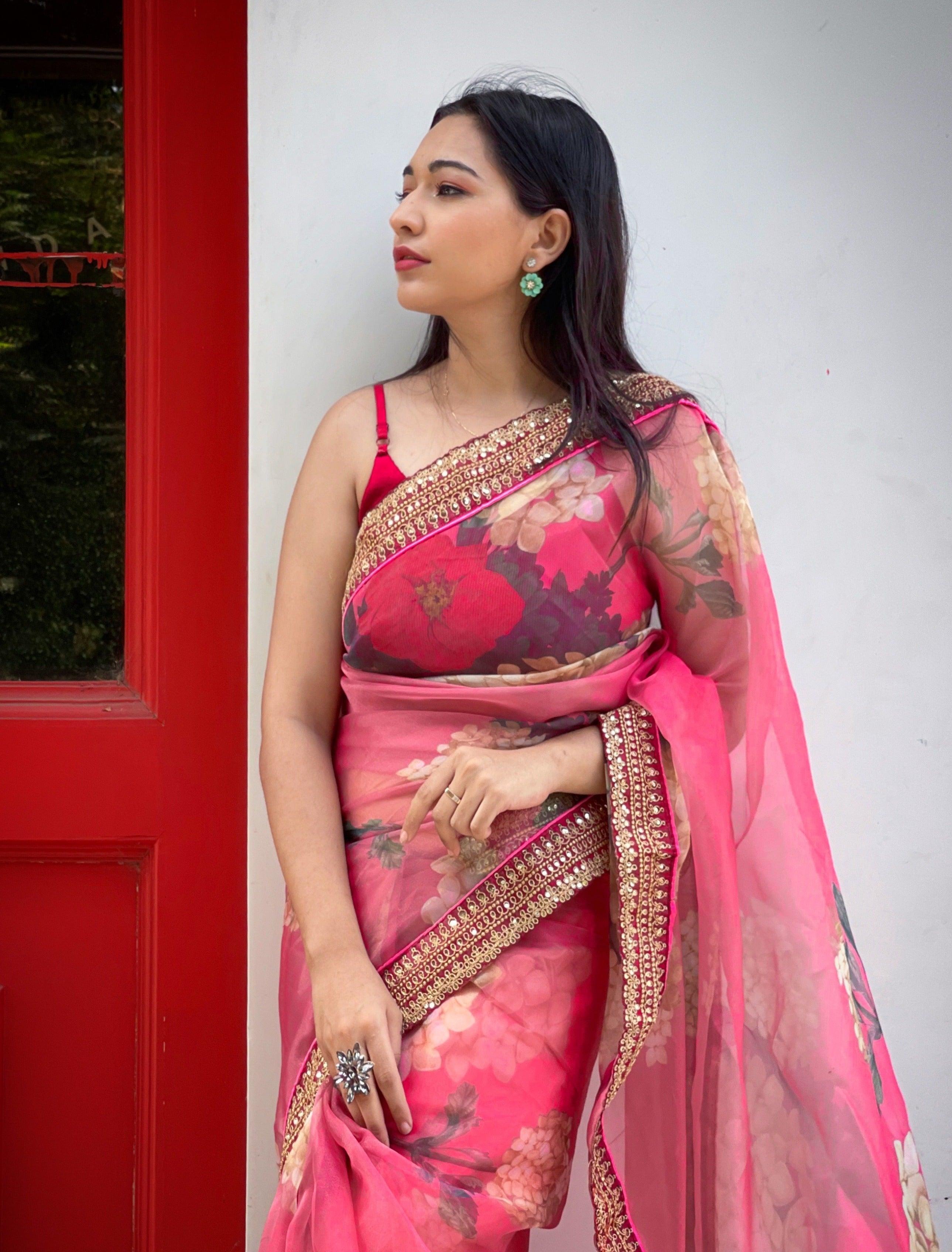 Orgenza Pink Color Organza Silk Full Heavy Border And Printed Saree With Contrast Blouse