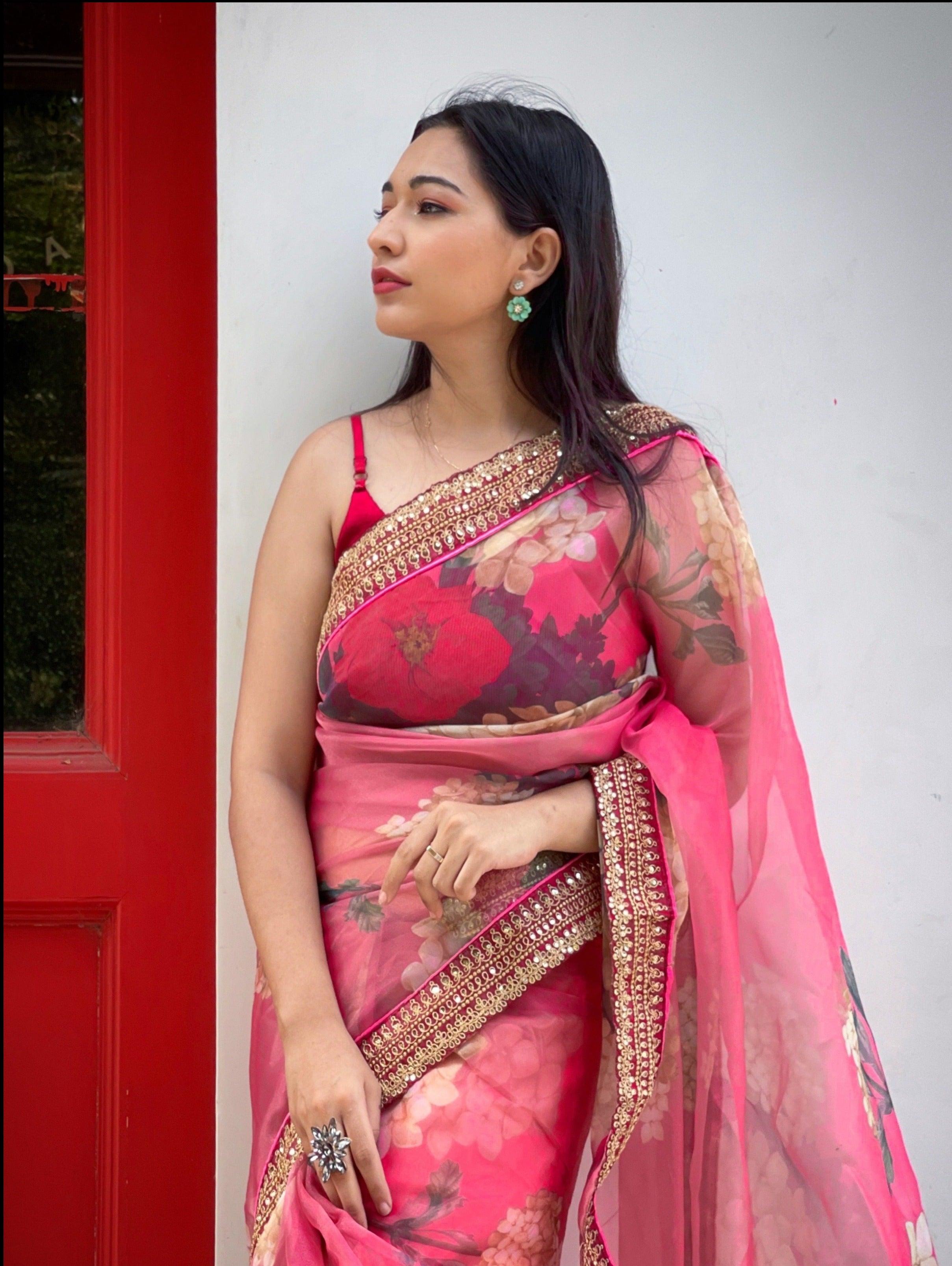 Orgenza Pink Color Organza Silk Full Heavy Border And Printed Saree With Contrast Blouse