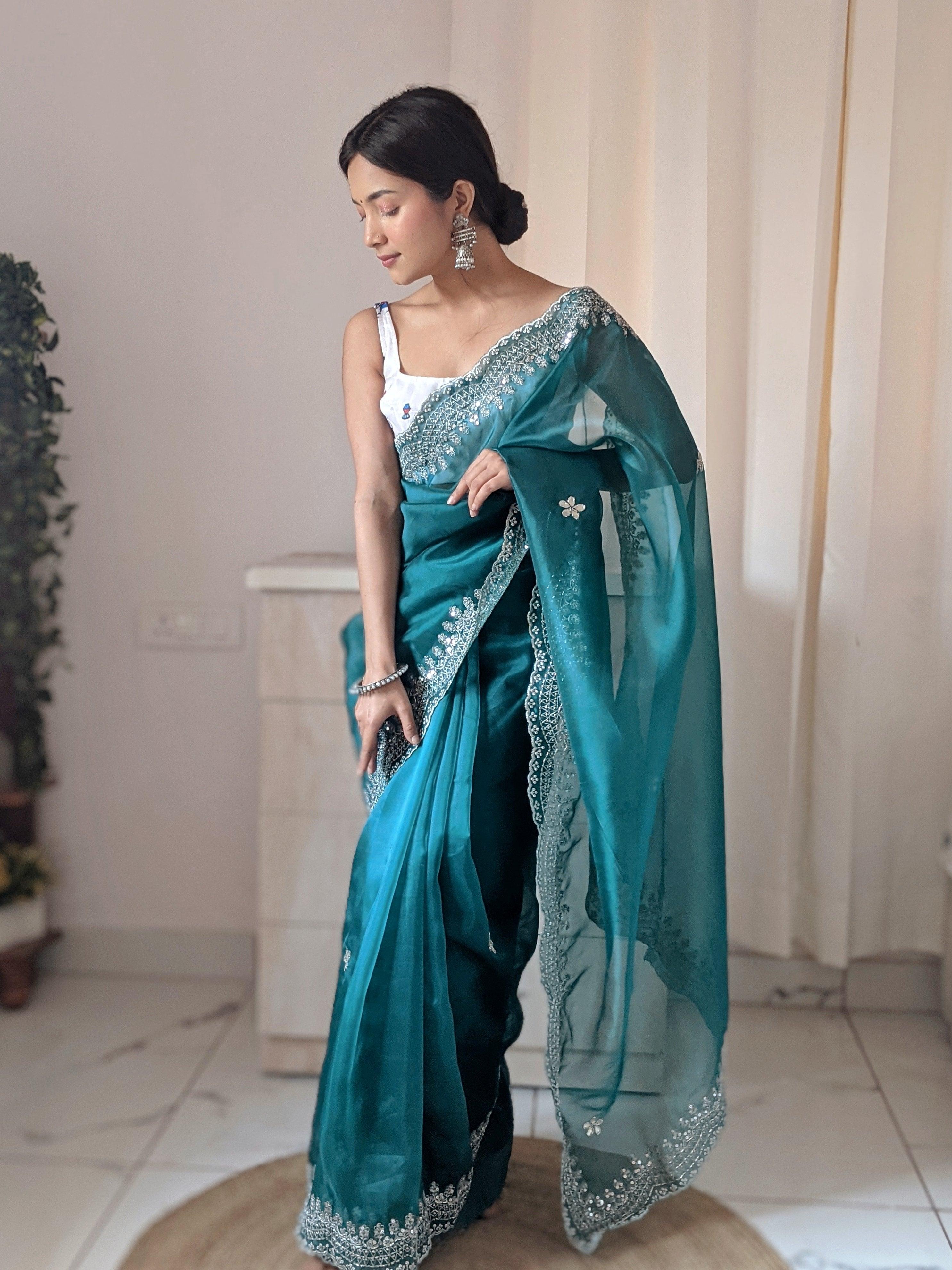 Orgenza Dark Green Color Pure Heavy Organza Silk And Silver Embroidery Work With Contrast Blouse