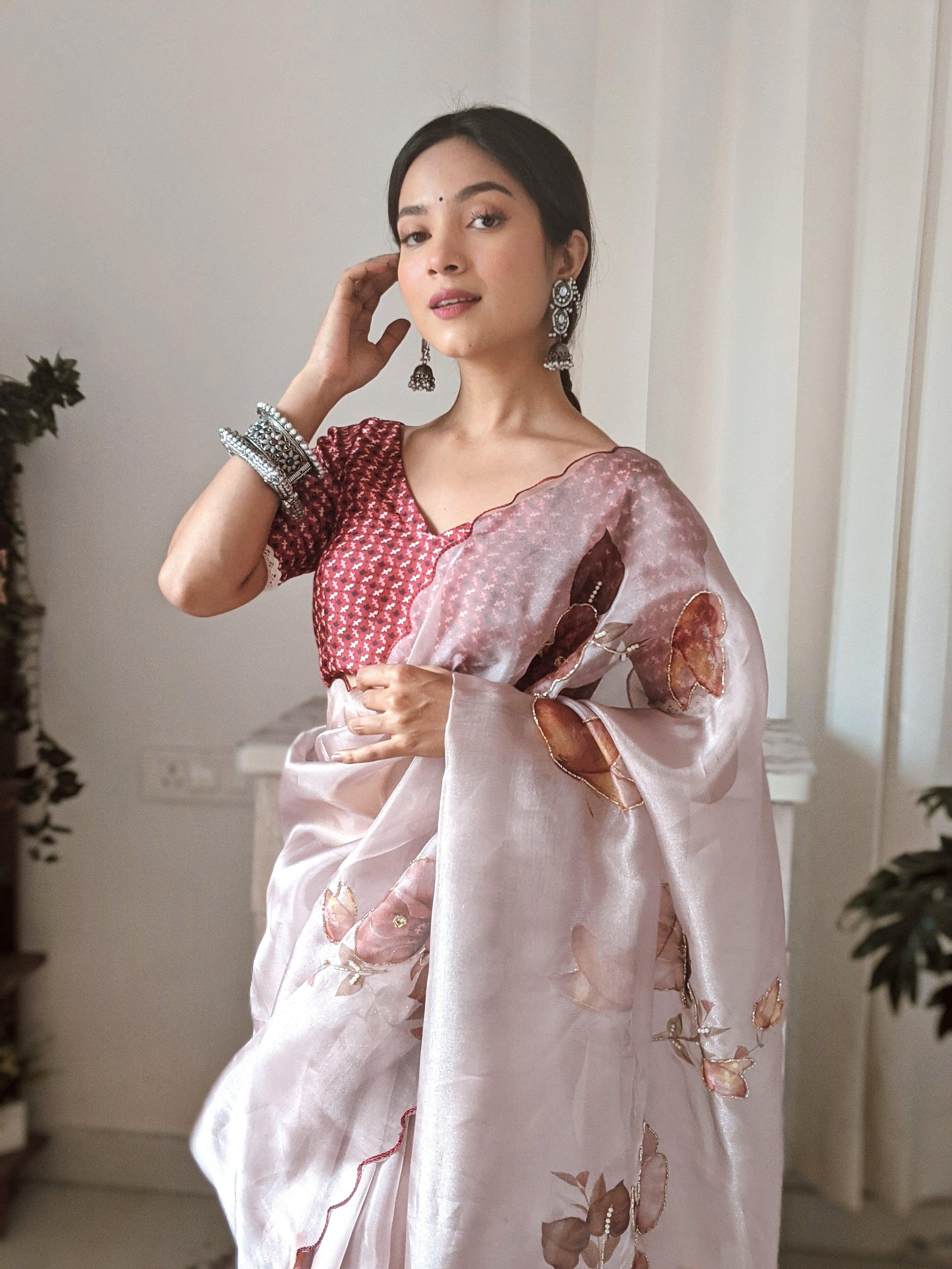 Orgenza ||  Ligth Coffee Color Printed Pure Organza Silk Saree Hand Work All Over Saree With Blouse