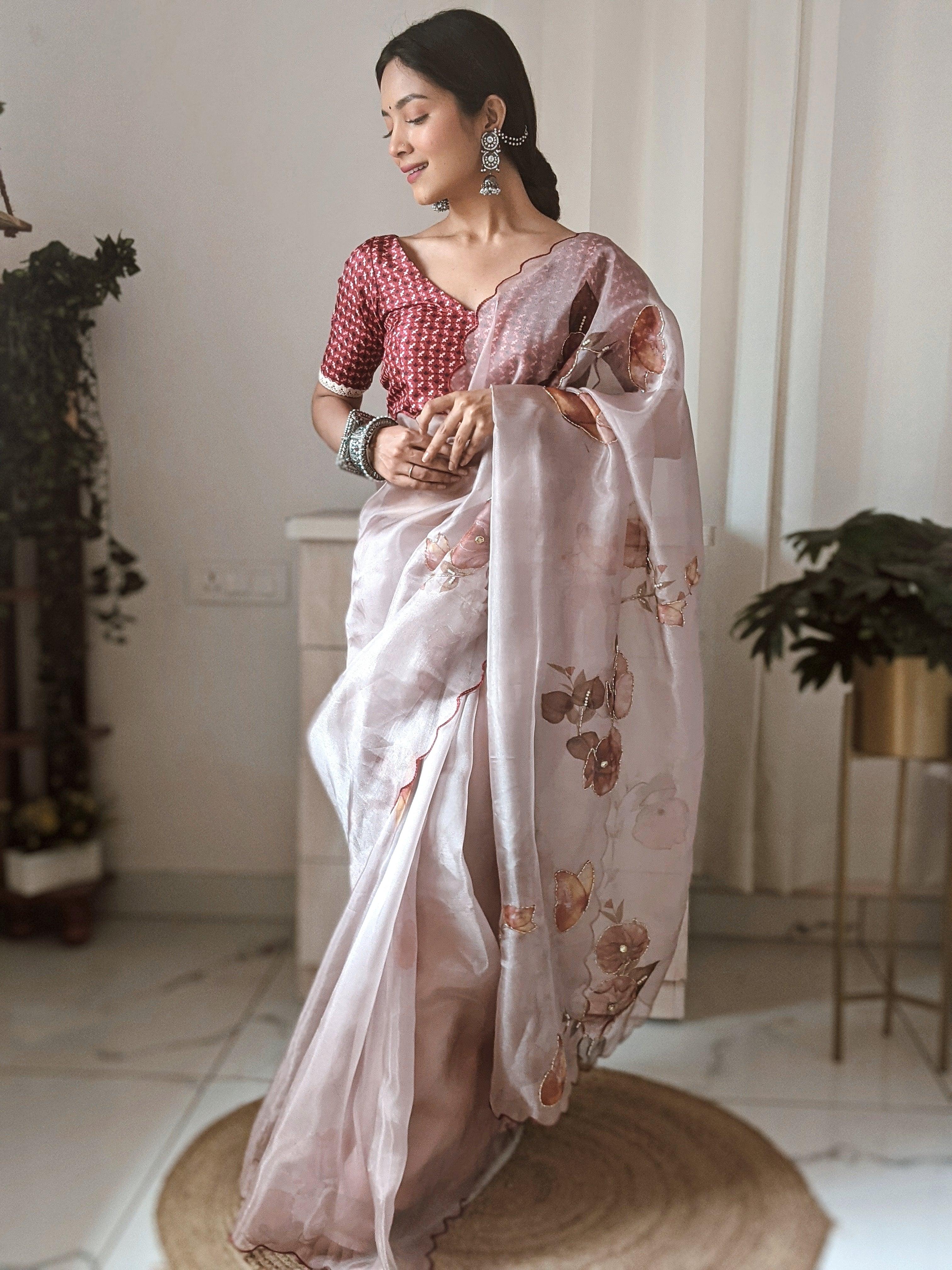 Orgenza ||  Ligth Coffee Color Printed Pure Organza Silk Saree Hand Work All Over Saree With Blouse