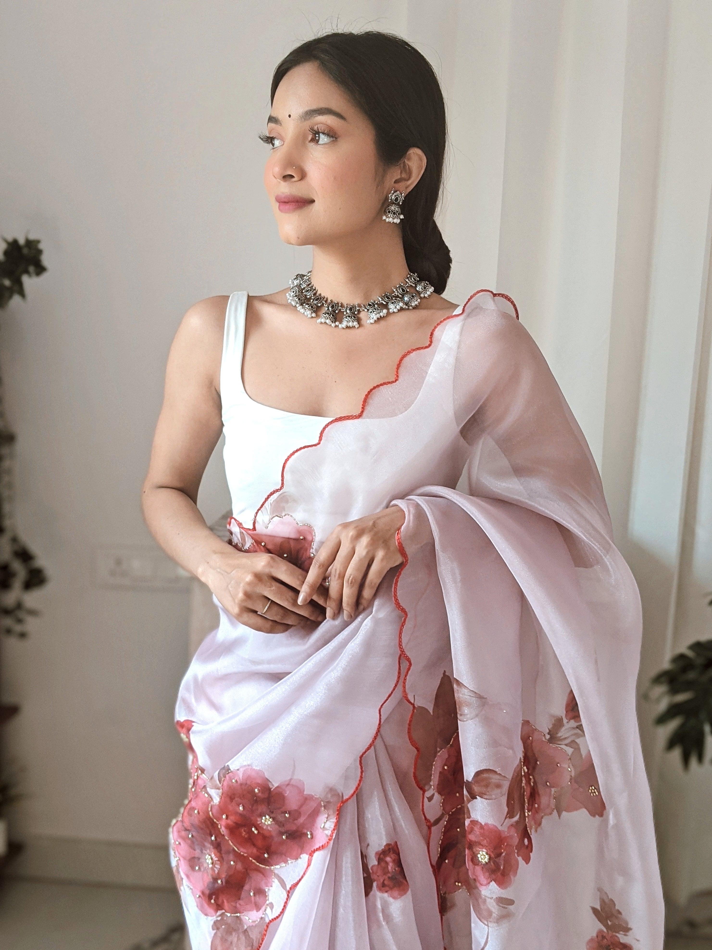 Orgenza Onion Color Pure Organza Silk And Stone Work And Printed Flower Saree With White Blouse