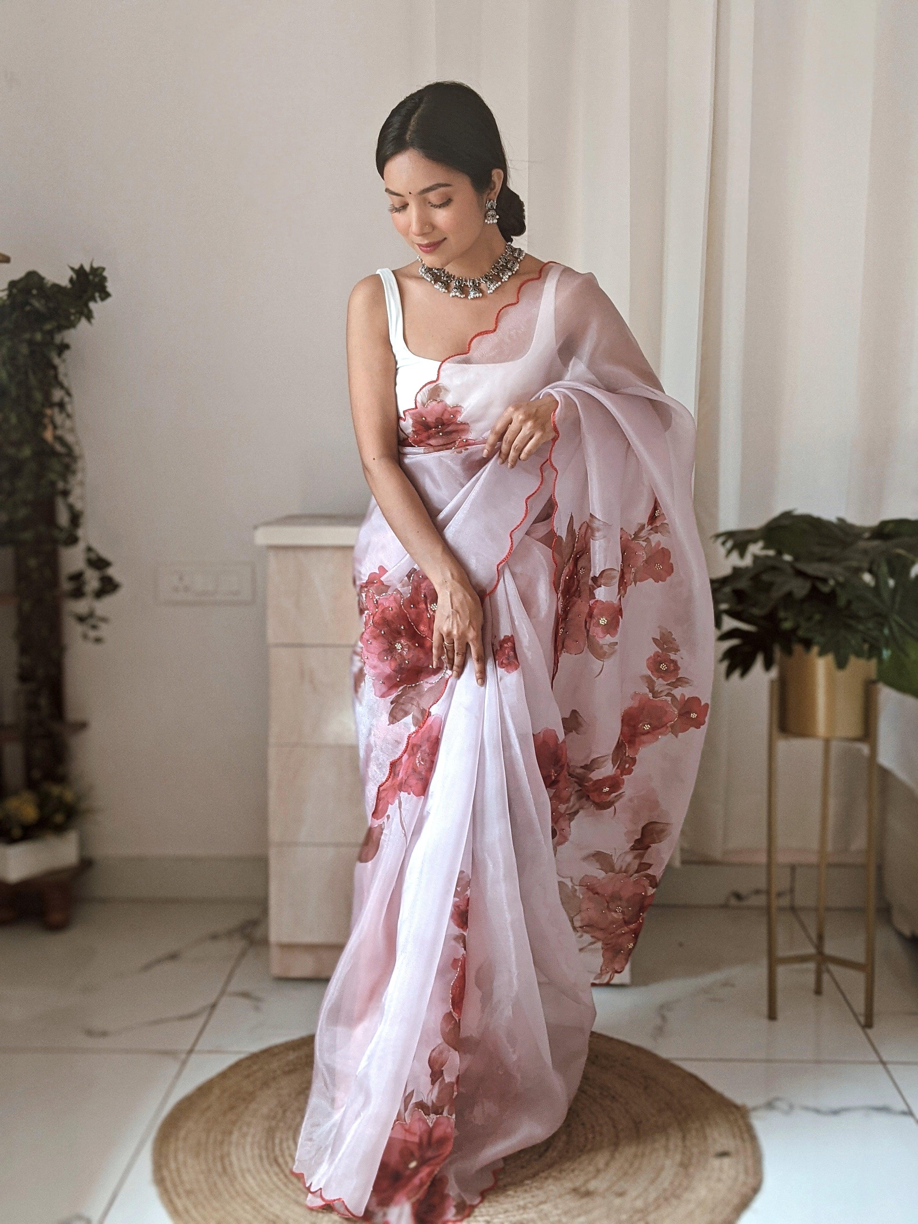 Orgenza Onion Color Pure Organza Silk And Stone Work And Printed Flower Saree With White Blouse