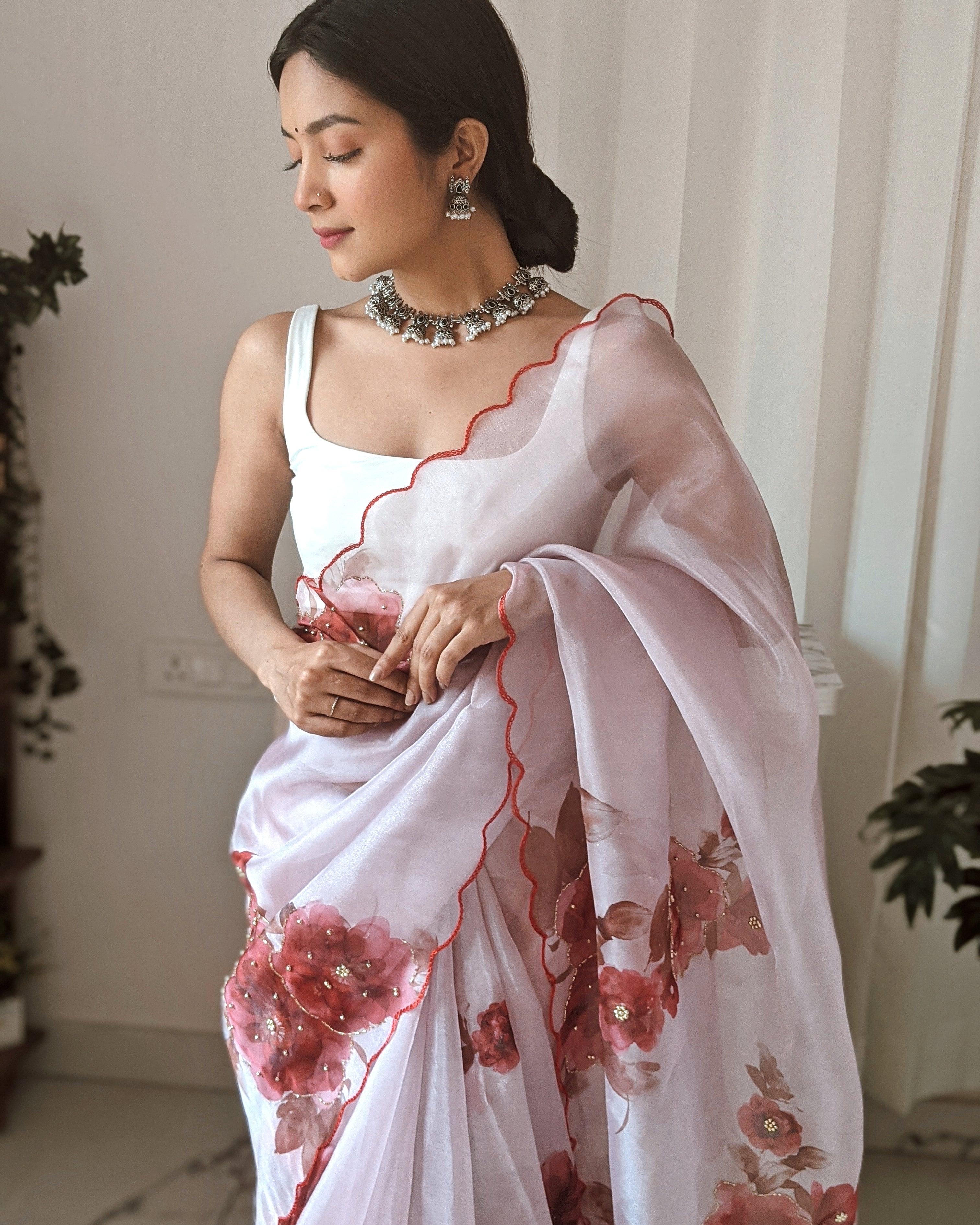Orgenza Onion Color Pure Organza Silk And Stone Work And Printed Flower Saree With White Blouse
