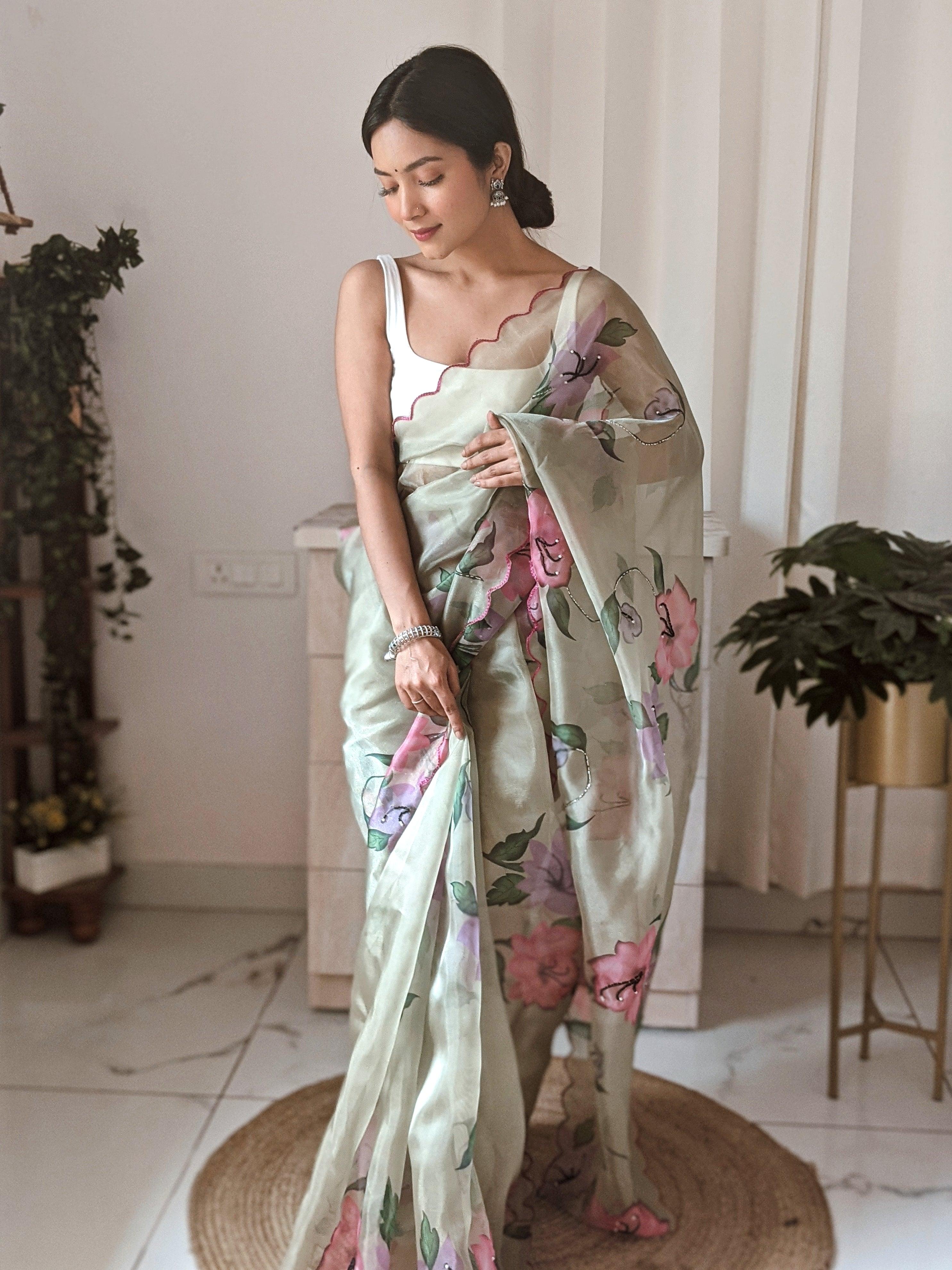 Orgenza || Multi Green Color Pure Organza Silk And Stone Work And Printed Flower Saree With Contrast Blouse