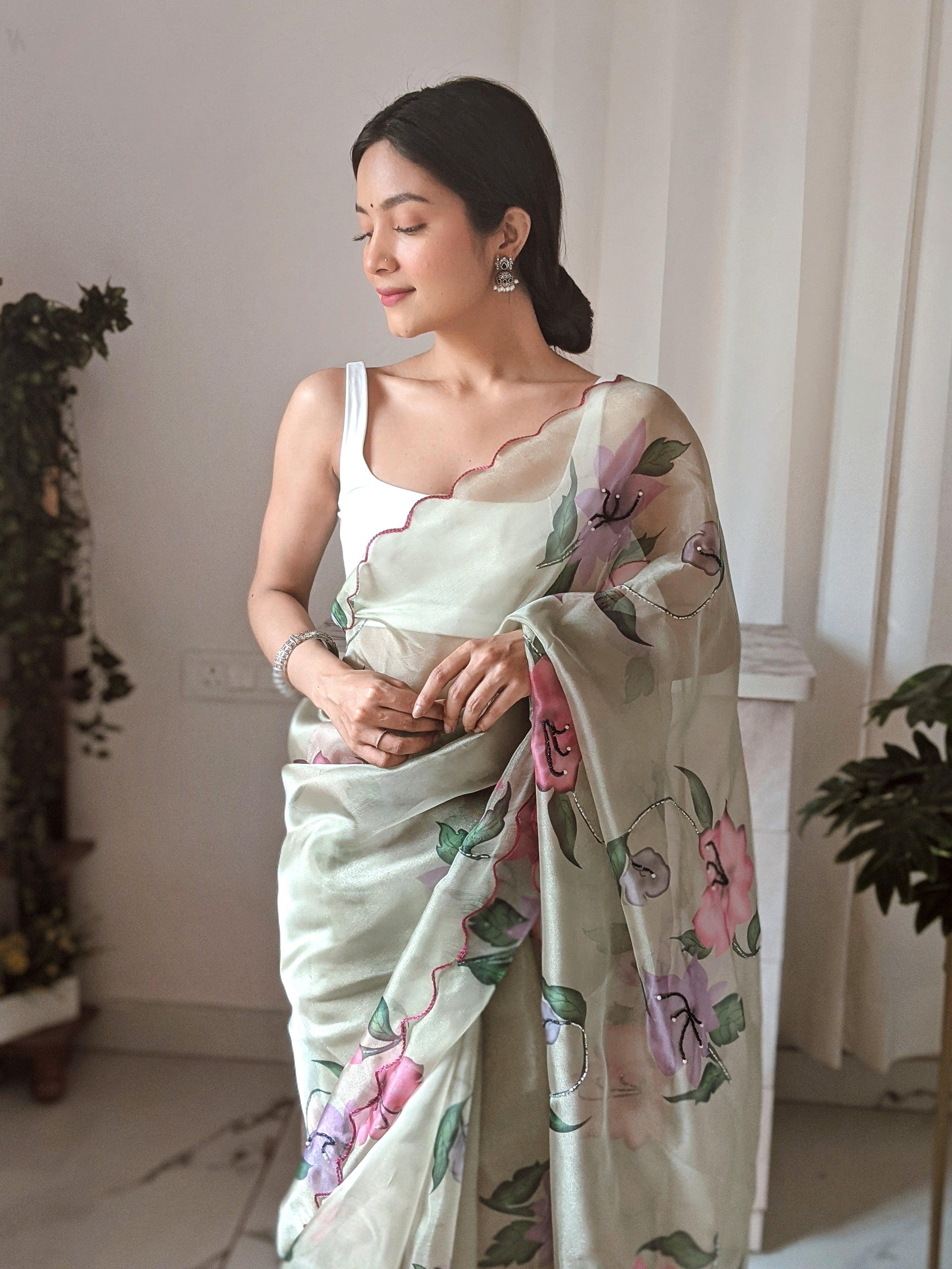 Orgenza || Multi Green Color Pure Organza Silk And Stone Work And Printed Flower Saree With Contrast Blouse