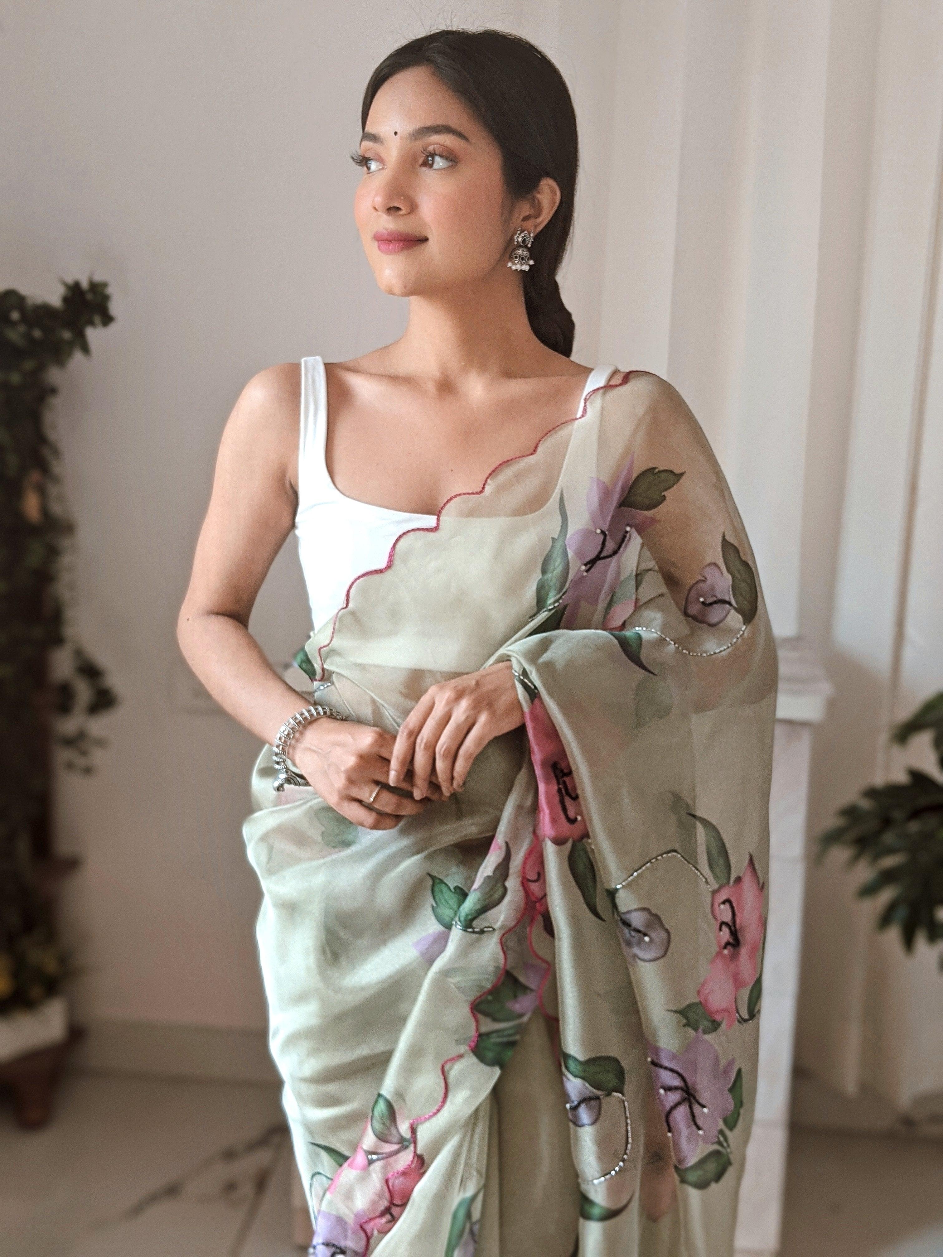 Orgenza || Multi Green Color Pure Organza Silk And Stone Work And Printed Flower Saree With Contrast Blouse