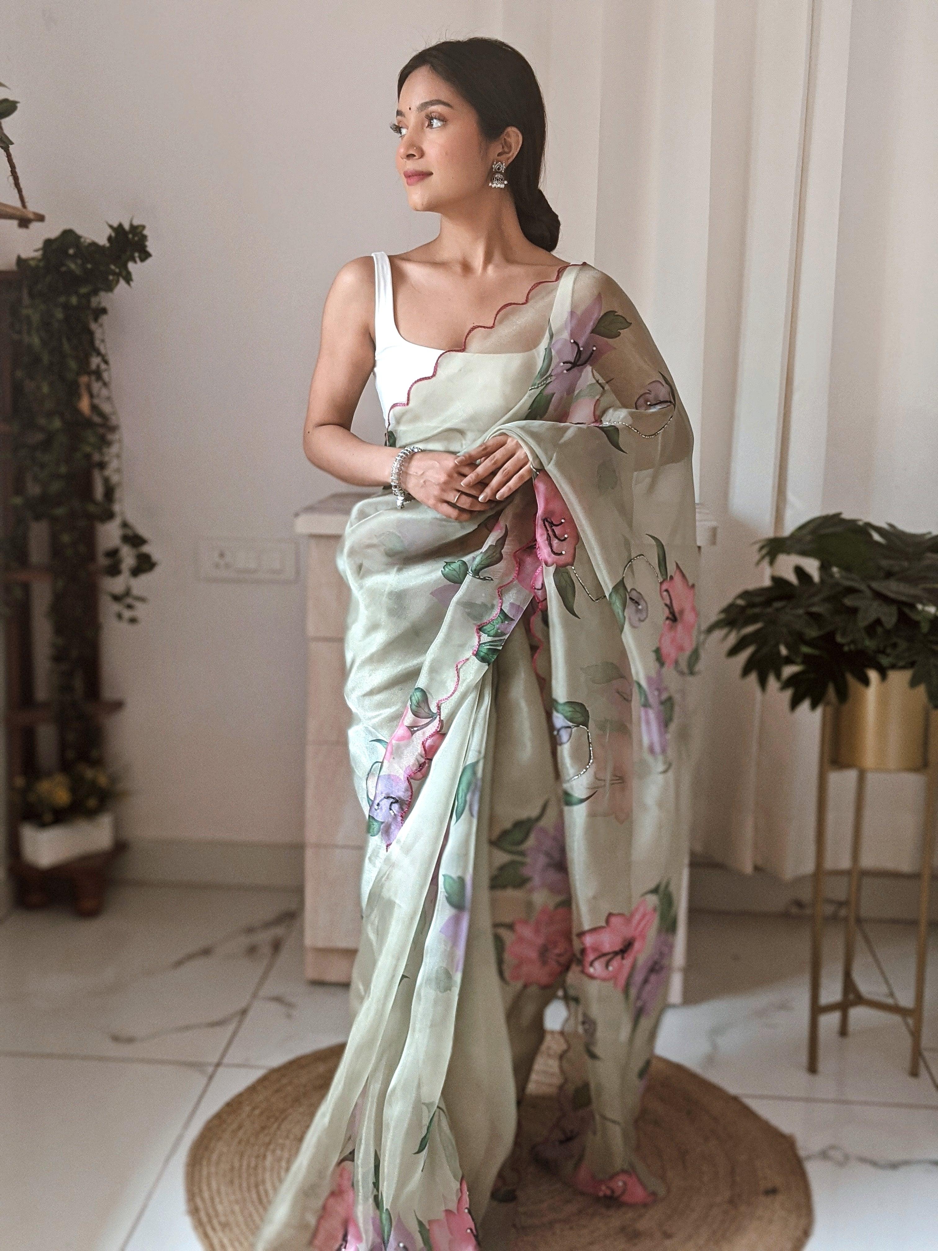 Orgenza || Multi Green Color Pure Organza Silk And Stone Work And Printed Flower Saree With Contrast Blouse