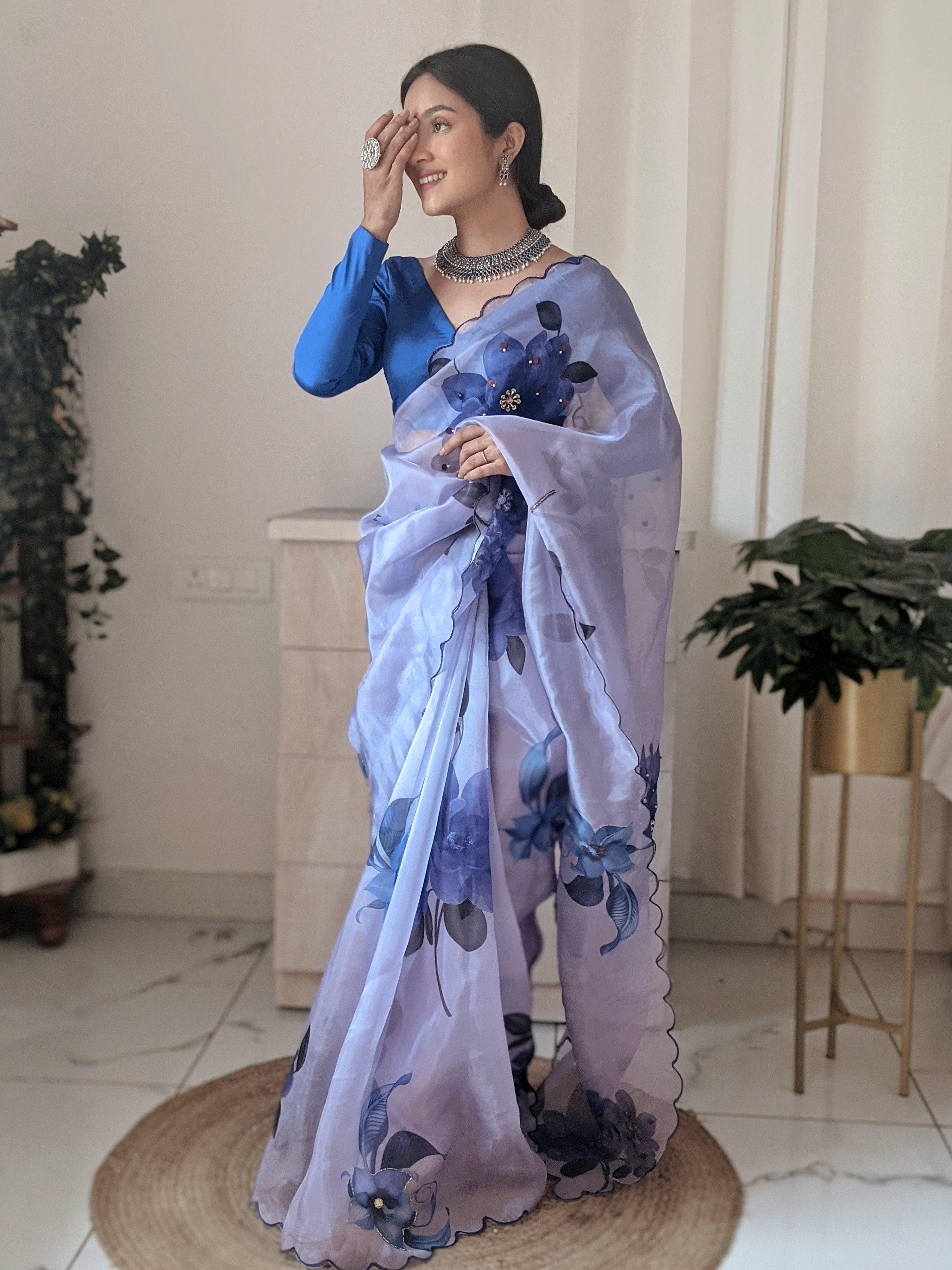 Orgenza Sky Purple Color Pure Organza Silk And Stone Work And Printed Flower Saree With Contrast Blouse