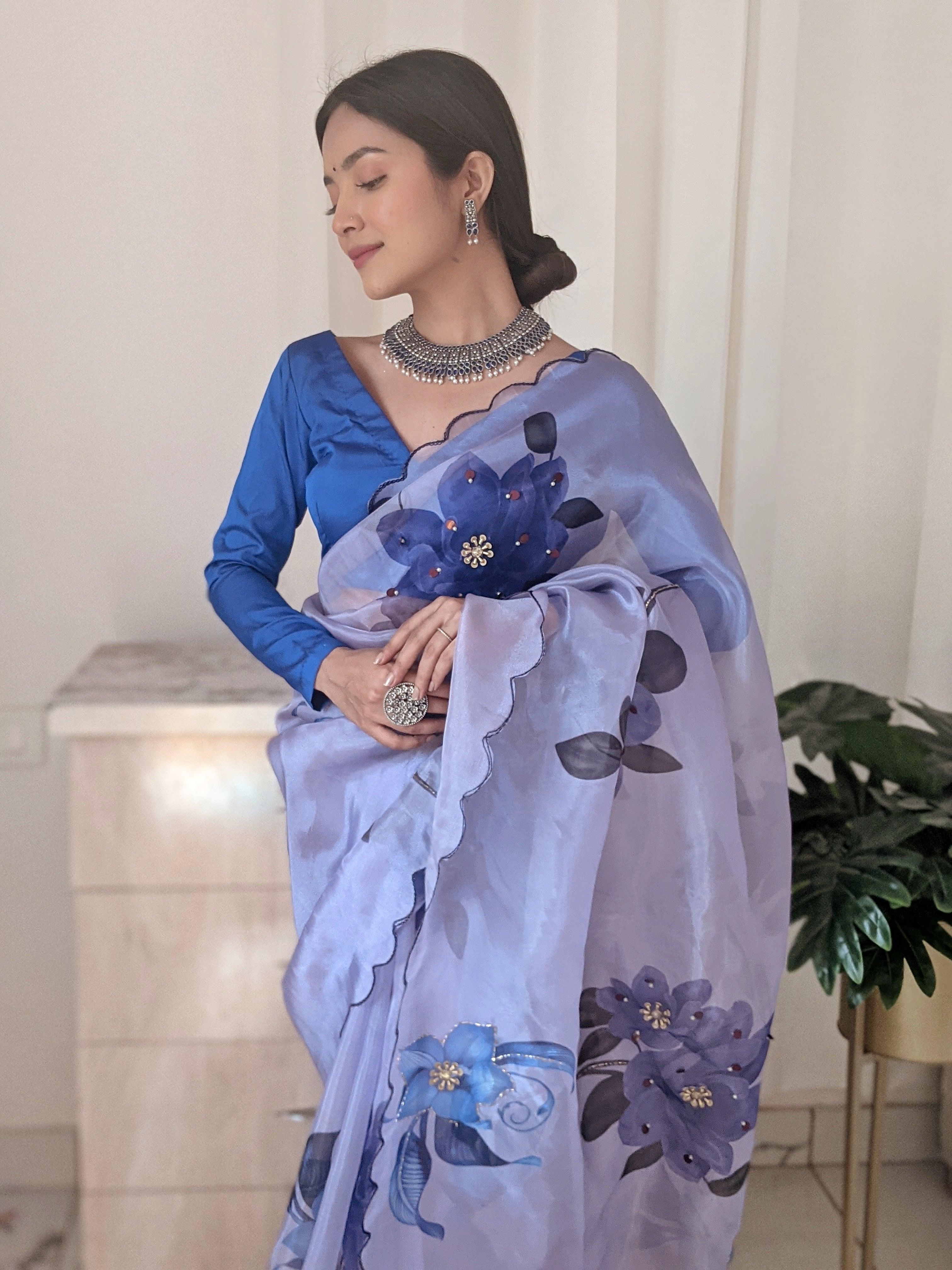 Orgenza Sky Purple Color Pure Organza Silk And Stone Work And Printed Flower Saree With Contrast Blouse