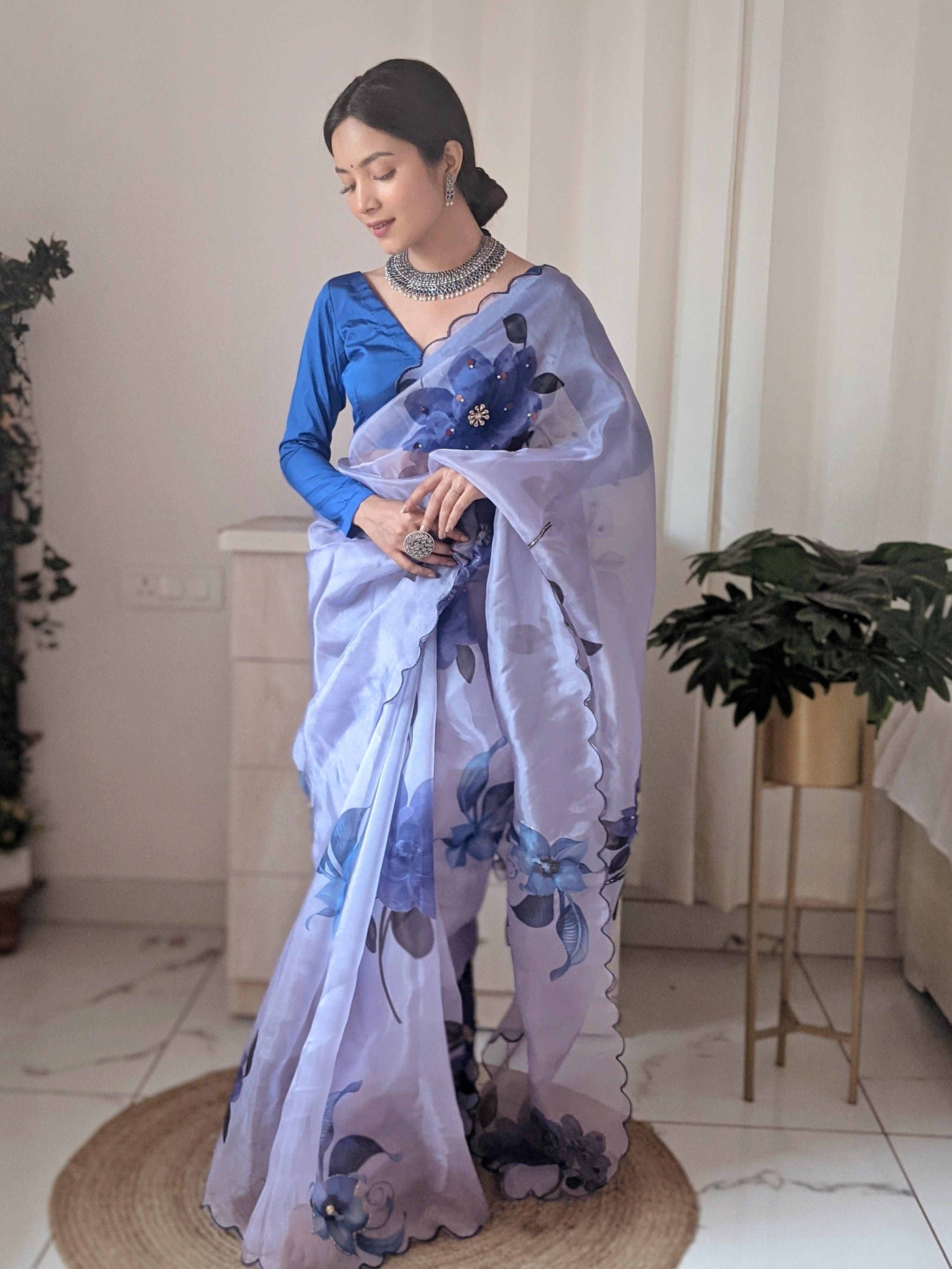 Orgenza Sky Purple Color Pure Organza Silk And Stone Work And Printed Flower Saree With Contrast Blouse
