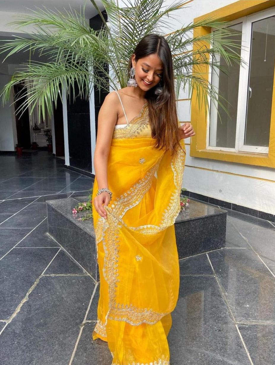 Orgenza  Dark Yellow Color Pure Heavy Organza Silk And Silver Embroidery Work With Contrast Blouse