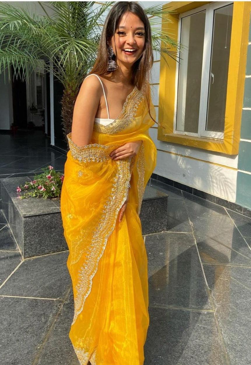 Orgenza  Dark Yellow Color Pure Heavy Organza Silk And Silver Embroidery Work With Contrast Blouse