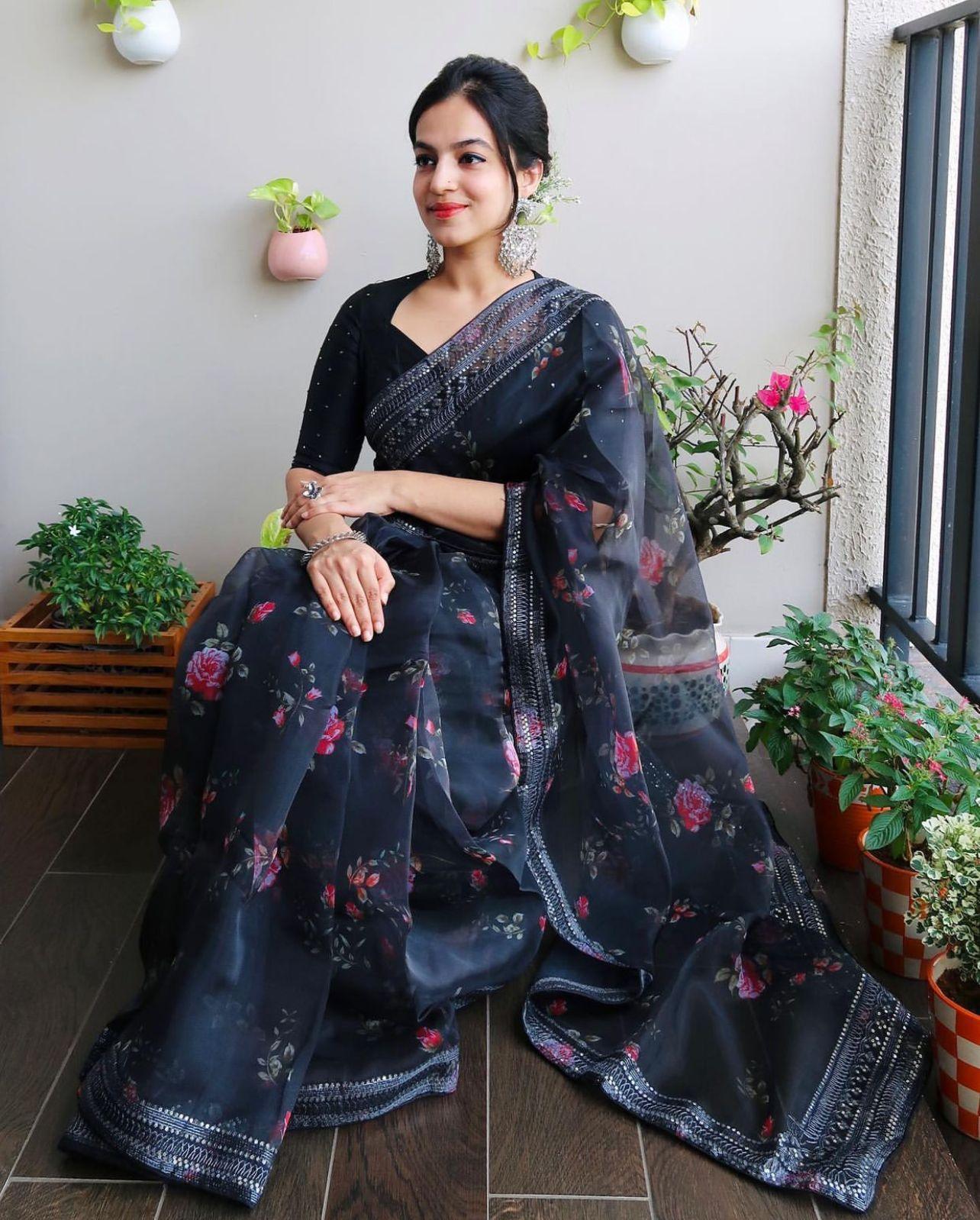 Orgenza Navy blue Color Pure Organza Silk Saree And  Grey Codding Sequence Work