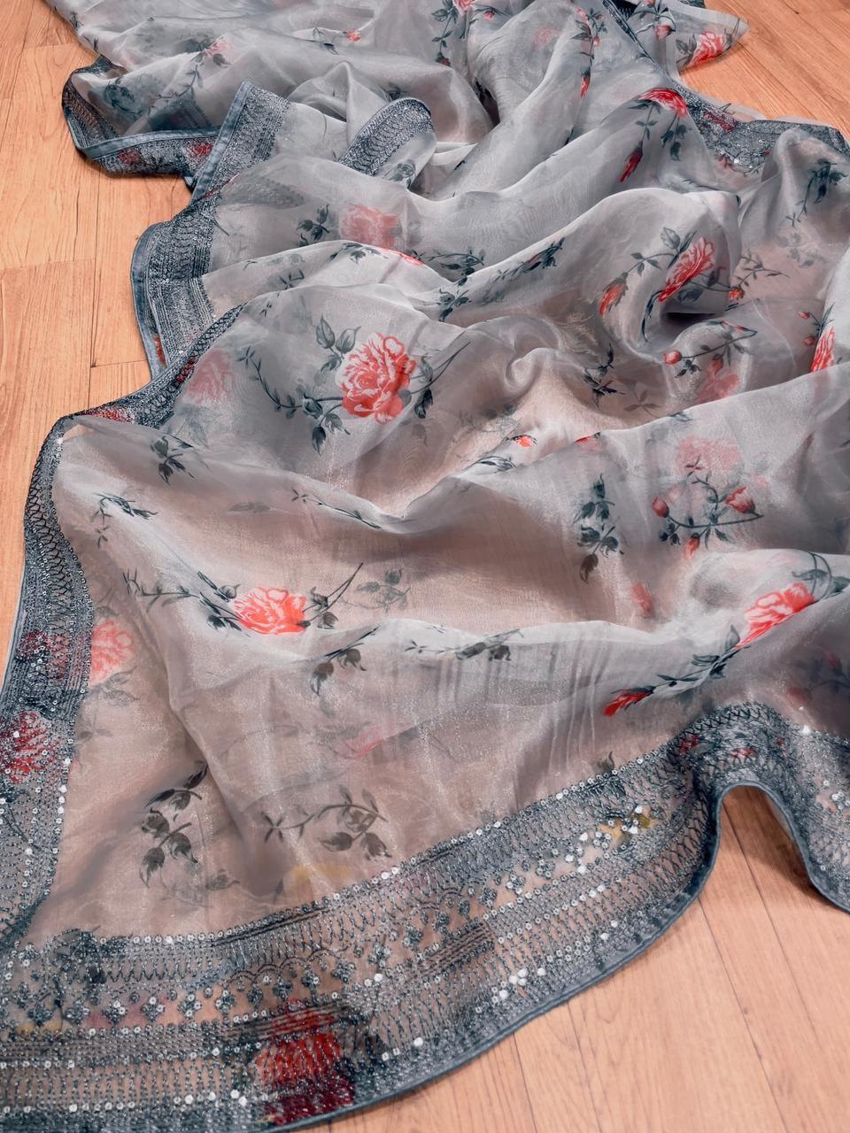 Orgenza Grey Color Pure Organza Silk Saree And  Grey Codding Sequence Work