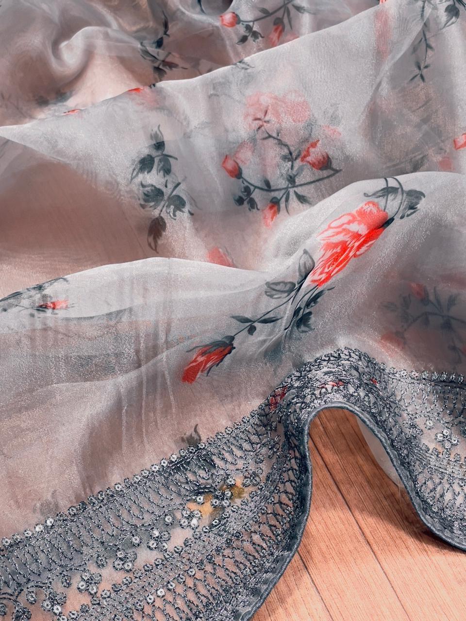 Orgenza Grey Color Pure Organza Silk Saree And  Grey Codding Sequence Work