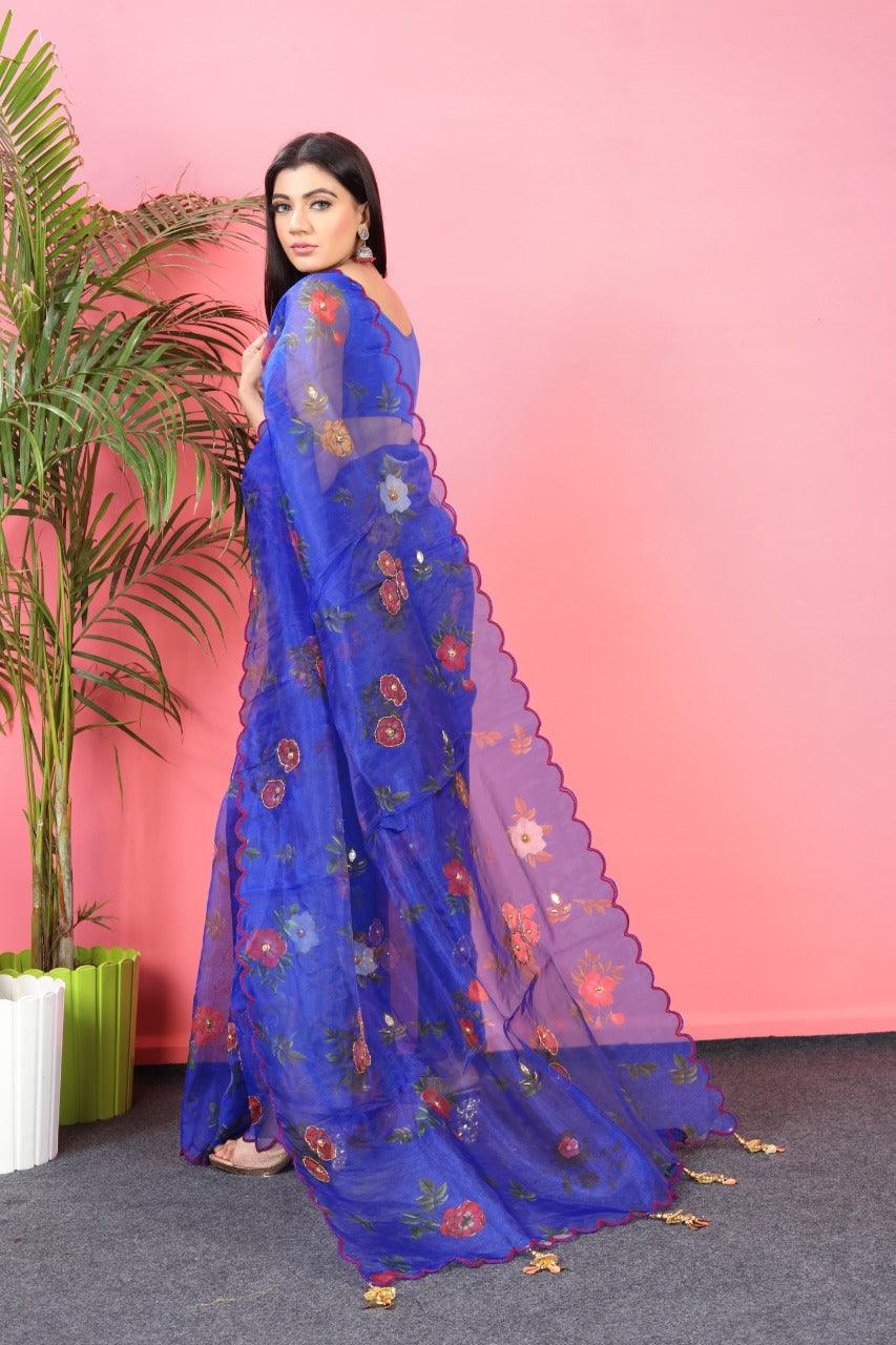 Orgenza || Mk Hit Blue Color Pure Organza Silk Saree With Cutwork Border Saree With Blouse