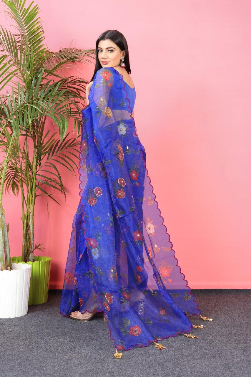 Orgenza || Mk Hit Blue Color Pure Organza Silk Saree With Cutwork Border Saree With Blouse