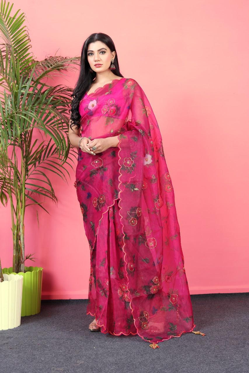Orgenza || Mk Hit Pink Color Pure Organza Silk Saree With Cutwork Border Saree With Blouse