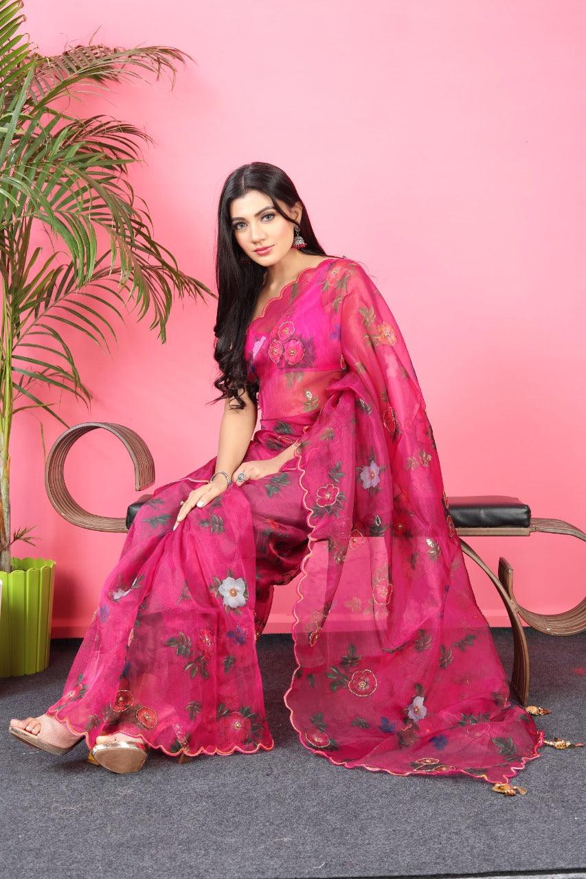 Orgenza || Mk Hit Pink Color Pure Organza Silk Saree With Cutwork Border Saree With Blouse