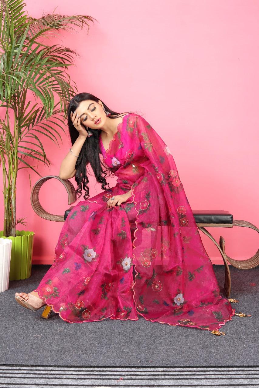 Orgenza || Mk Hit Pink Color Pure Organza Silk Saree With Cutwork Border Saree With Blouse