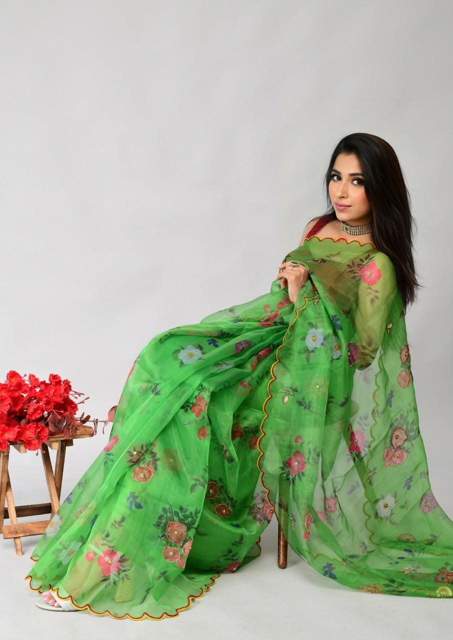 Orgenza | Green Color Flower Printed And Handwork Design Organza Silk Saree With Blouse