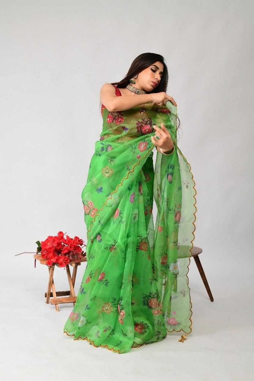 Orgenza | Green Color Flower Printed And Handwork Design Organza Silk Saree With Blouse