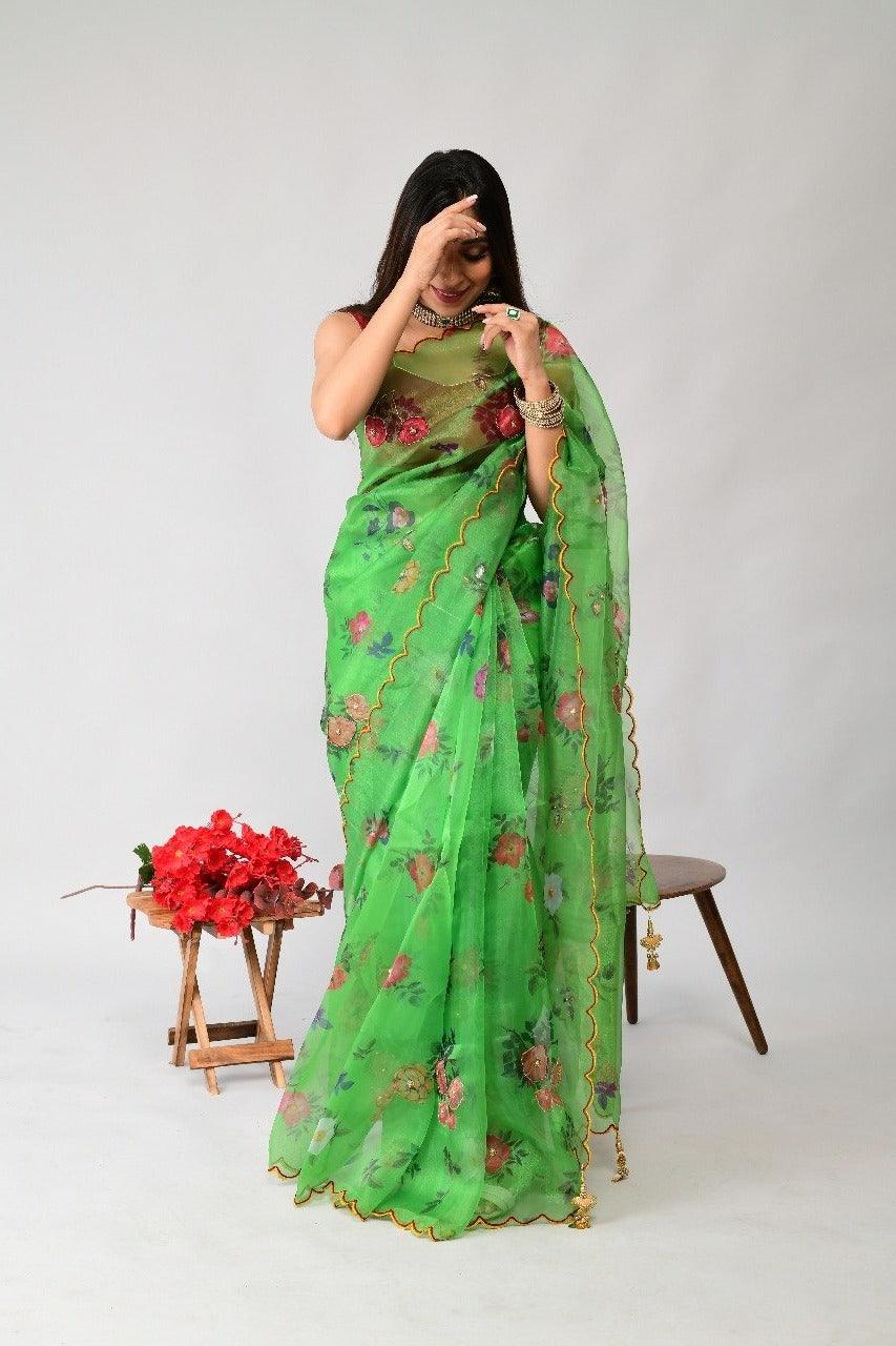 Orgenza | Green Color Flower Printed And Handwork Design Organza Silk Saree With Blouse