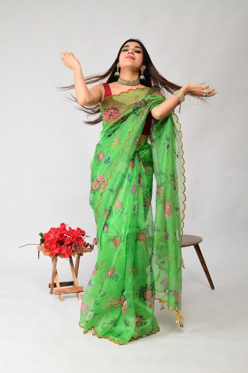Orgenza | Green Color Flower Printed And Handwork Design Organza Silk Saree With Blouse
