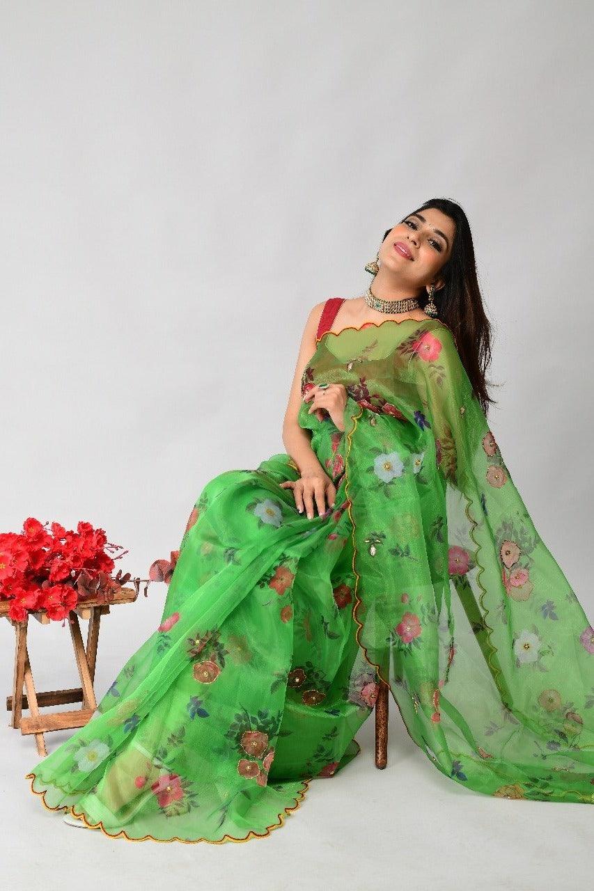 Orgenza | Green Color Flower Printed And Handwork Design Organza Silk Saree With Blouse