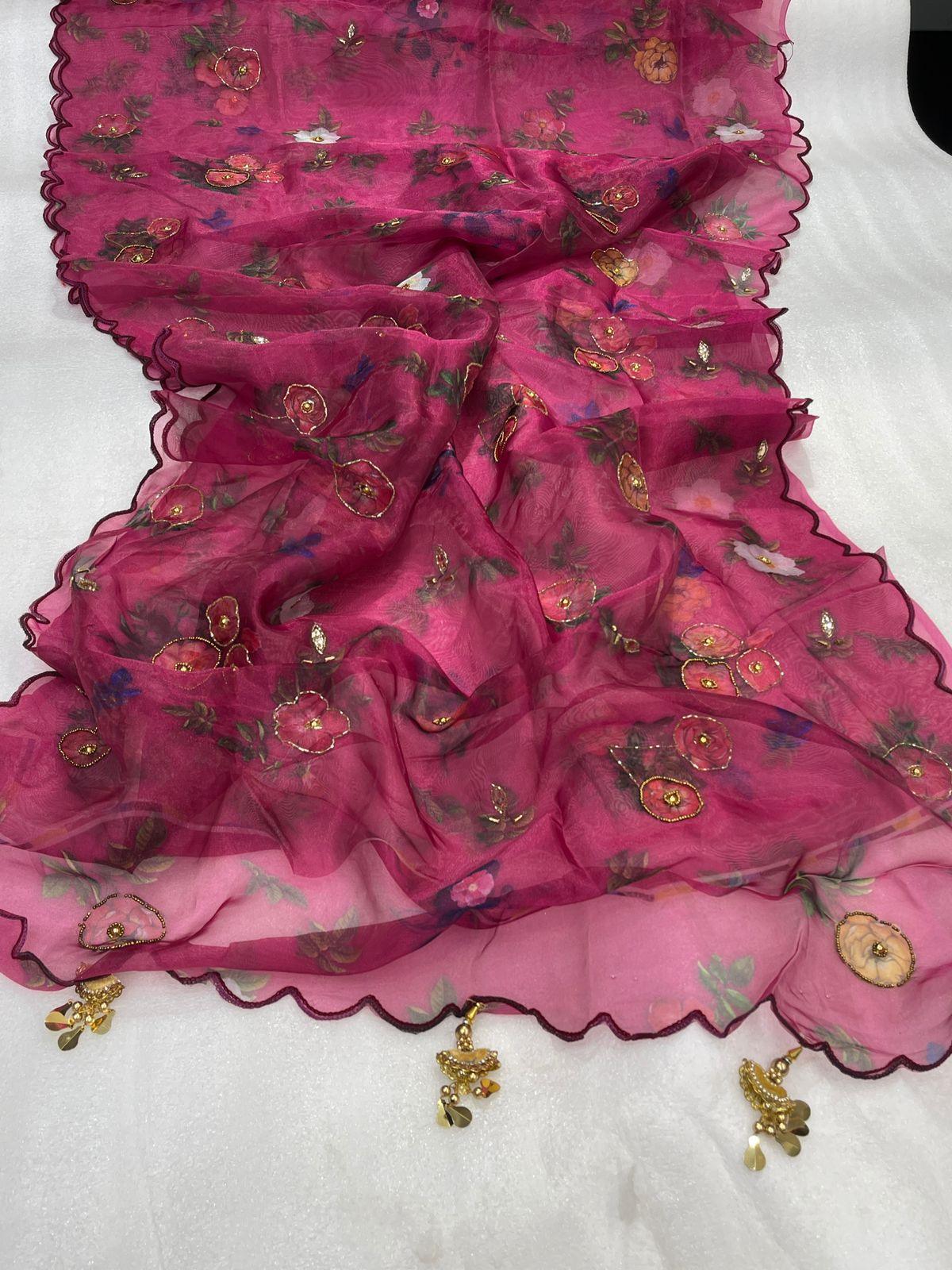 Orgenza || Mk Hit Pink Color Pure Organza Silk Saree With Cutwork Border Saree With Blouse