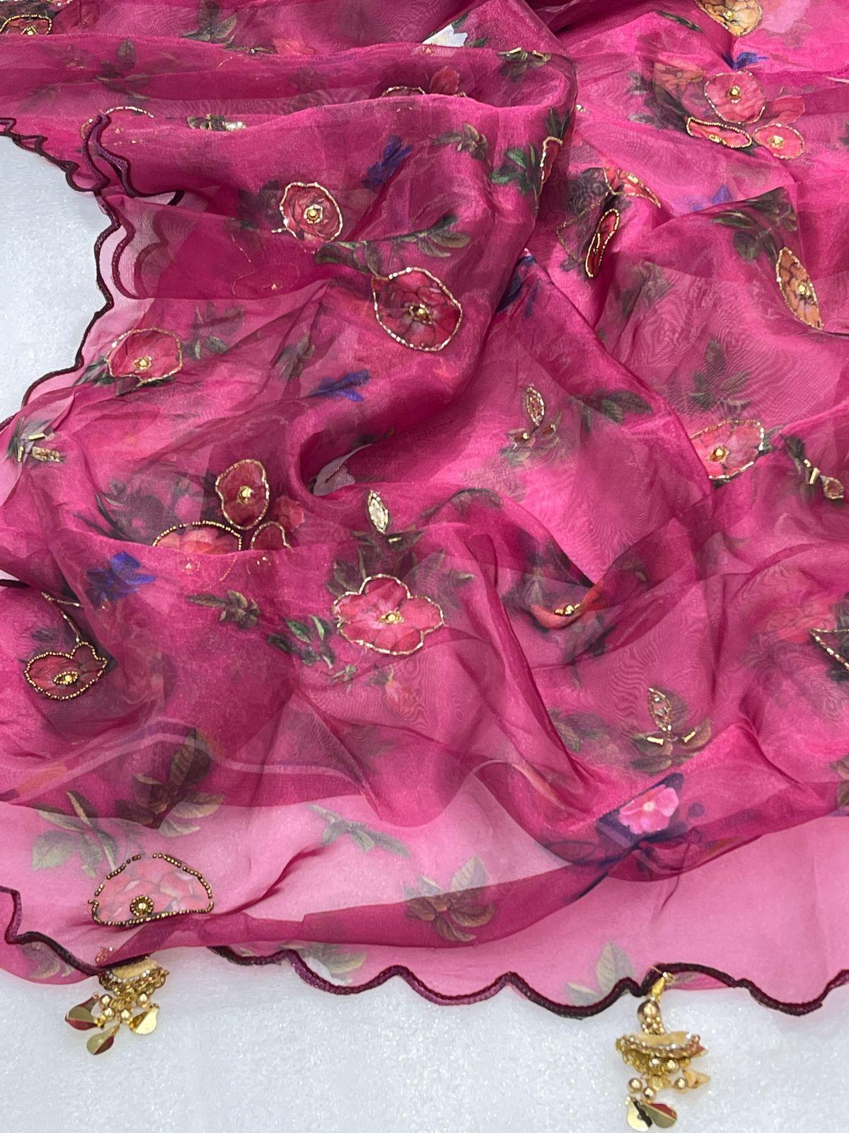 Orgenza || Mk Hit Pink Color Pure Organza Silk Saree With Cutwork Border Saree With Blouse